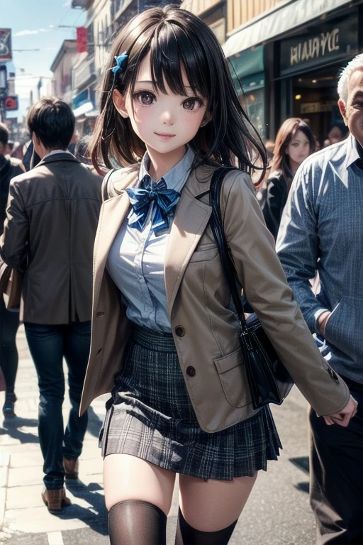 very cute and beautiful girl,(Very detailedな美しい顔),smile,Cowboy Shot,
(Brown jacket:1.2),Collared shirt,Checkered bow tie BREAK Detail legs,zettai ryouiki,Brown shoulder bag,Brown boots,
Stylish pose,Dynamic Angle,hair ornaments,Black Hair,(Blue checked mini skirt:1.2),Shopping Street,summer,street tree,people々,crowd,
(highest quality,masterpiece:1.2),Absurd,High resolution,Very detailedな,Very detailed,32k,8k resolution,
Intricate details,Movie Scenes,Detailed Background,一peopleで,Dynamic Angle,
一peopleで,Natural light,Hair blowing in the wind,Beautifully detailed skies,