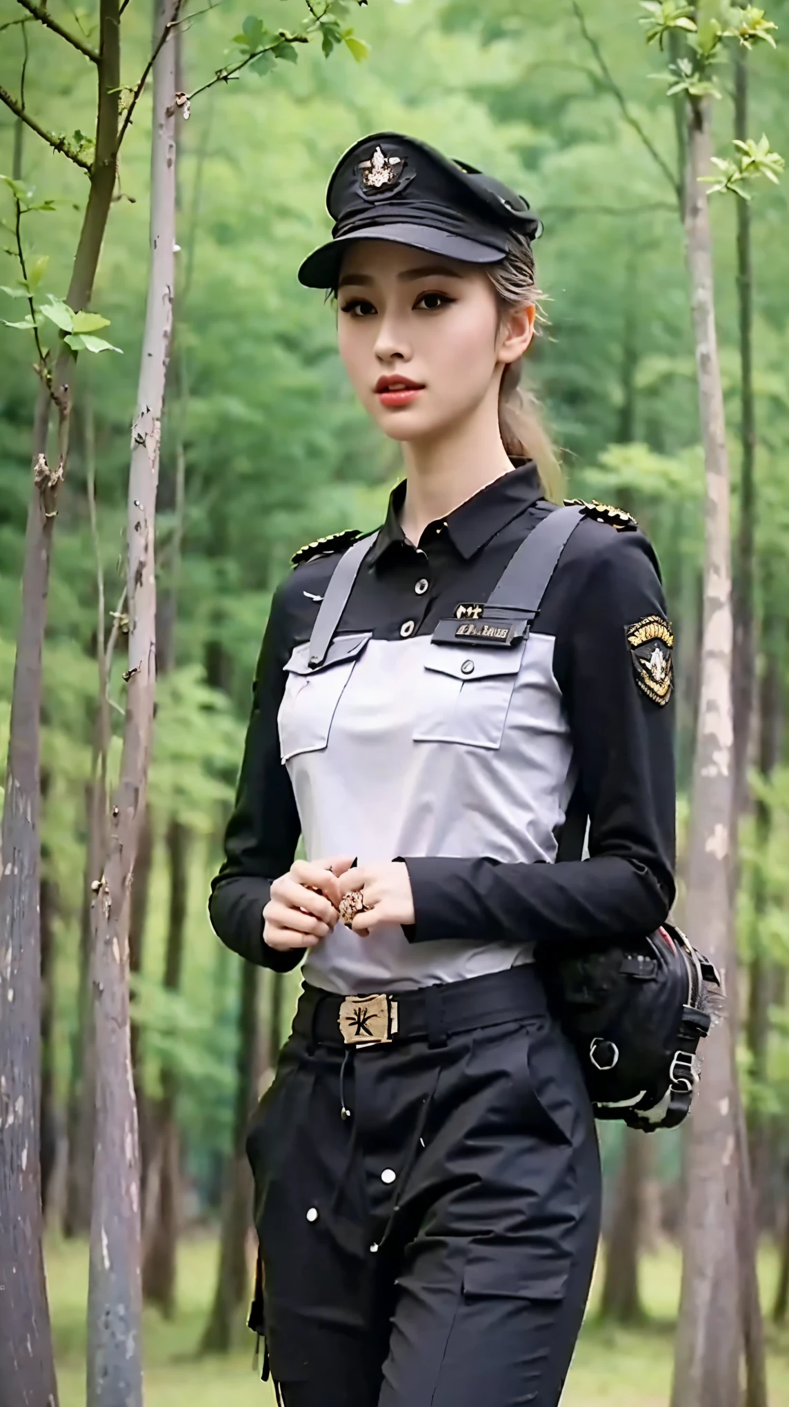 Fashion model 25 years old [[[[close up]]]], [[[[neck]]]], [[[[Shoulder]]]], Perfect eyes, Perfect iris，Perfect lips，Perfect Teeth，Perfect skin，White skin，Soft headlight，High-density imaging review，（Face is clear and delicate），((Tight military uniform))，best quality，masterpiece，（Soft colors：1.2）