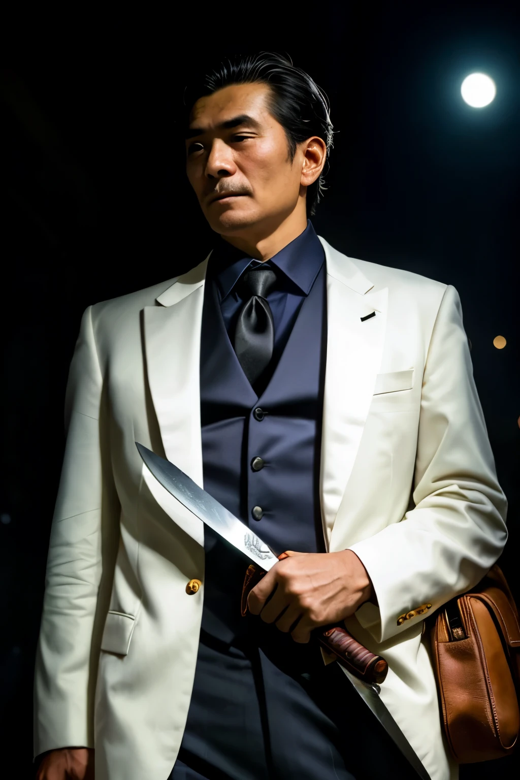 ((highest quality)), ((masterpiece)), (detailed), Perfect Face、Japan、male、((Elderly male))、In a suit、Being thin、have a business bag、He is taking out a short sword from his bag.、Lonely face、Wrinkled face、Within the company、Lots of company employeeessy hair、Suit、((Concealing a knife))、looking at the camera、at night、Dark Space、elder、Look down、