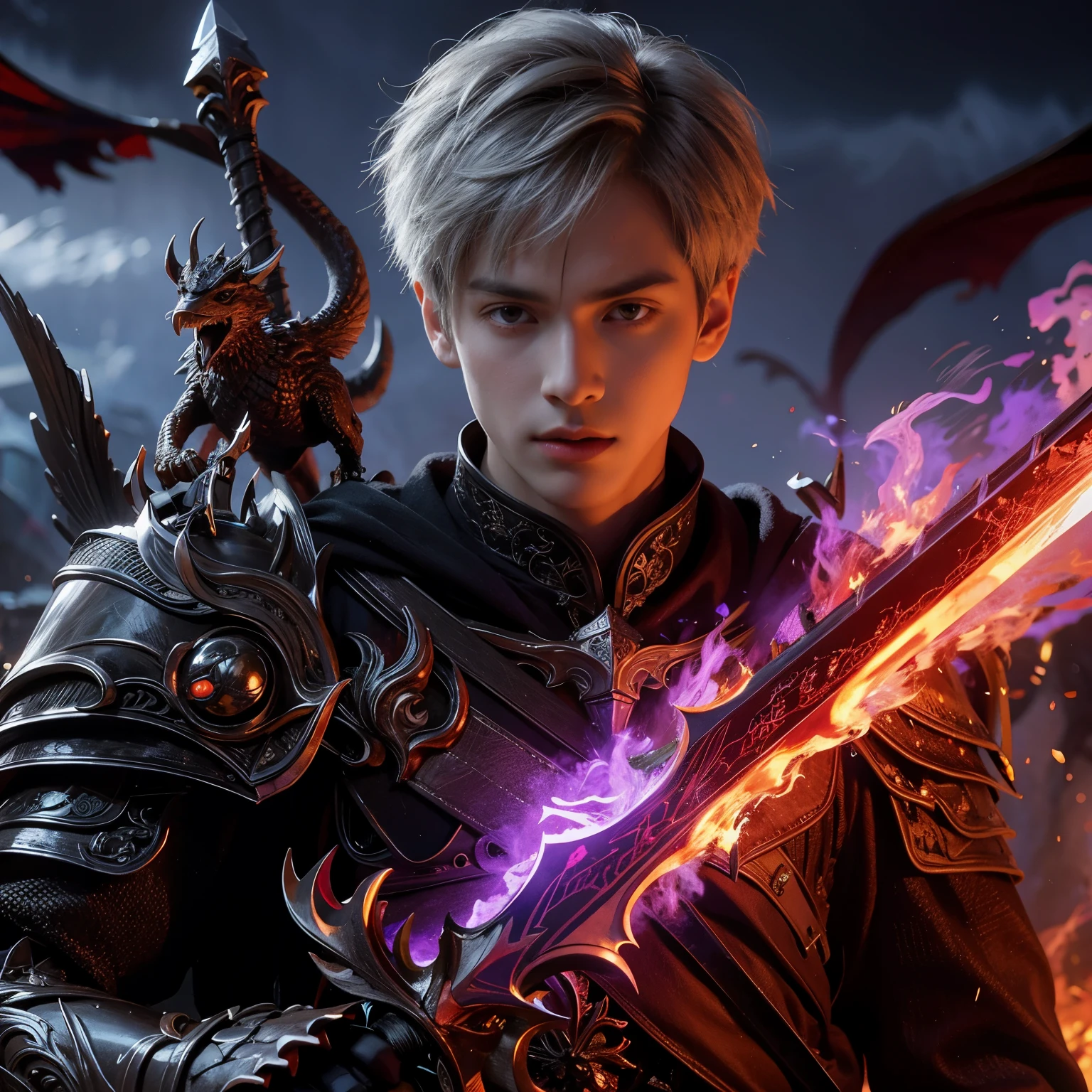a young male knight, short white hair, wearing black knight-style clothes and attributes, wearing knight shoes, carrying a knight's sword with a dragon carved on the blade, angry expression with a sharp gaze, looks like an Asian, purple flames appear  under the sword, the background is on the battlefield with a night atmosphere, behind the knight there is a crow flying, high quality, realistic, masterpiece, full body