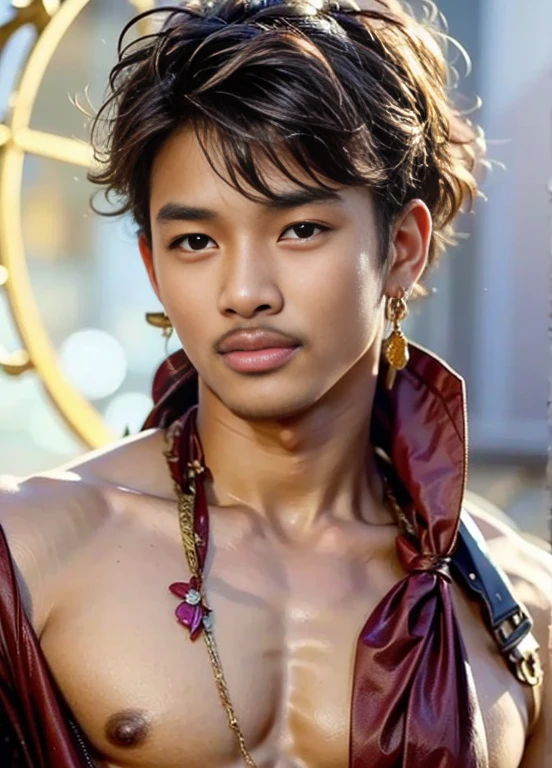 hyper realistic oil painting of a male, age 18, handsome indonesian men, face [will smith: zayn malik: 0.5], wear rope harness, two large wings, [by Alphonse Mucha: john william waterhouse: Charles Dana Gibson: charlie bowater: 0.6], natural red lips, small moustache, fierce look, fit body, bare chest, detailed face, detailed physique, abdominal muscles, well built bodybuilder, macho, oily body, detailed feathers, wear gold head band, gold shoulder band, gold necklace, gold crown, wear g-string, hair bund, long-haired, Real texture, sarong batik, sharp focus, highly detailed, artstation, cgsociety, bokeh background in the pond garden full of rose flower, decorative art deco, symmetrical, acurate, 16, rococo style, character design, cinematic lighting, drop shadow, blending, backlighting, glowing light, sparkle, depth of field, reflection light, high detail, best quality, masterpiece, super detail, high details, uhd, highres, textured skin, anatomically correct, award winning,