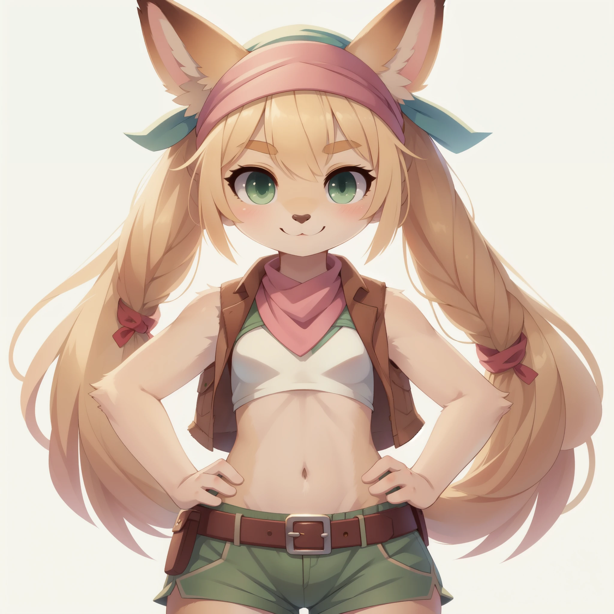 Furry girl, kangaroo, cute hair, two ponytails, blonde hair, green eyes, small breasts, detailed body fur, (( pink headscarf on head, brown vest sleeveless, open clothes, red belt, green shorts)), masterpiece, looking at you, two tone body fur, beige body fur, clear beige body fur, detailed face, big eyebrows, detailed eyes, detailed body, detailed hands, glistering body, skinny, perfect lighting, perfect shadows, perfect eyes, perfect hair, perfect face, gorgeous body, hands on hips, solo, :3, smilling, simple background, white background,