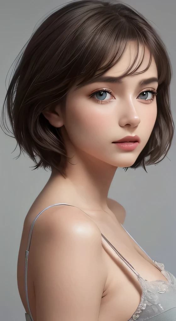 masterpiece, Highest quality, {Highest quality}, {{masterpiece}}, {High resolution}, 8K uhd、RAWphotograph、Model photo shoot、 European race、(masterpiece、Highest quality、Photorealistic、High resolution、photograph:1.3)、Close-up、Focusing、Hot Model、slim、30 year old woman、Small face、No makeup、short hair、Dark Hair、Thin beautiful eyes、Real Skin、(perfect body)、Detailed beautiful eyes、Glossy lips、Small breast breasts、Bust ealistic details、Cool beauty、Sexy pose、Backgrounday、Plain gray background