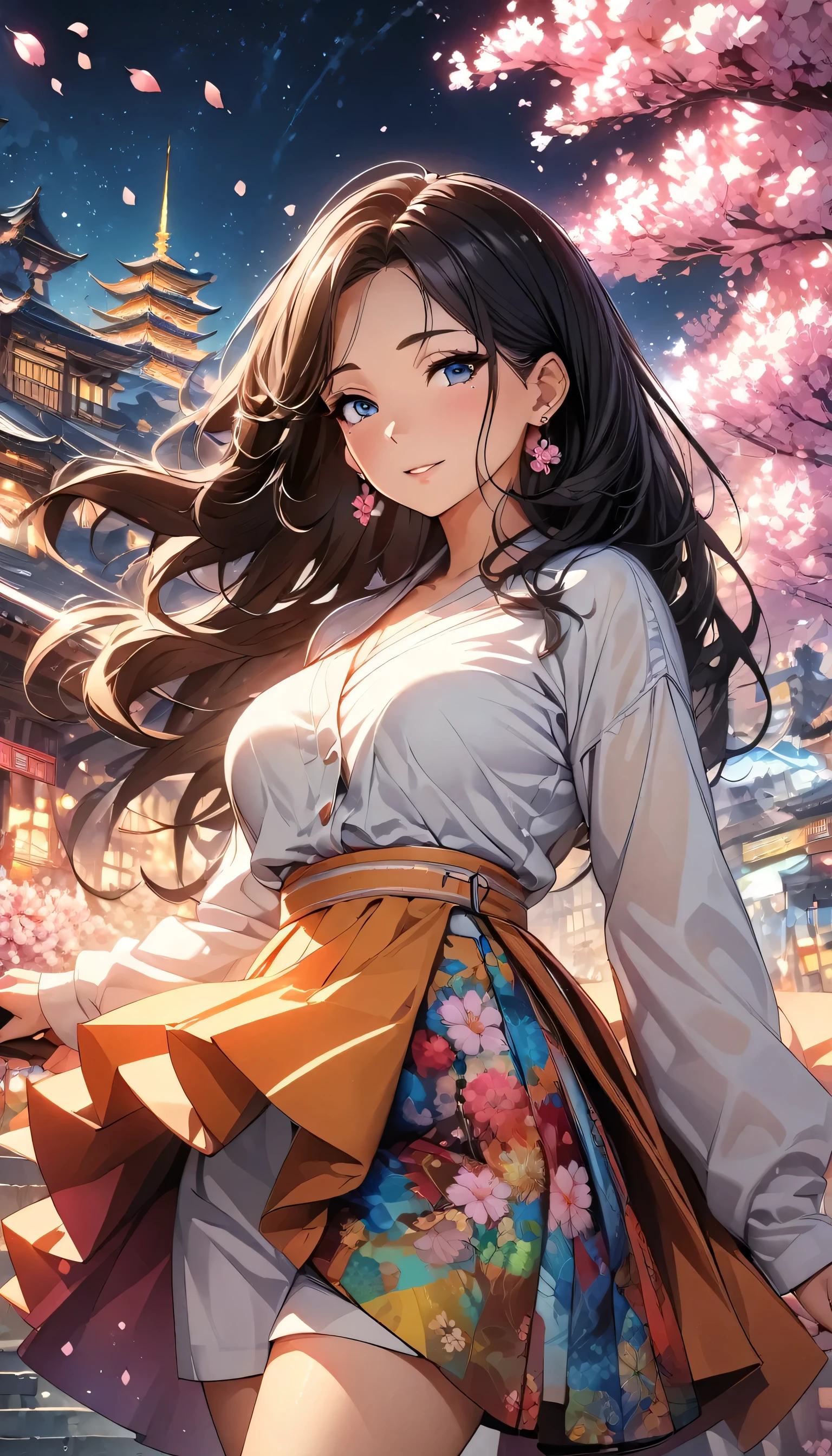 Anime Style, Ultra-fine illustrations, Very detailedな, Dynamic Angle, Beautiful details, 8k, On a Spring Night, Cherry blossom tree illuminated by city lights々is quietly shining. Break A woman stops, I was fascinated by the beautiful scenery, Watching the cherry blossoms fluttering down. Her expression is、It speaks of the coming of spring and a heartfelt admiration for the beauty of cherry blossoms.. masterpiece, highest quality, highest quality, Official Art, beautifully、Aesthetically beautiful:1.2), (1 girl, mature:1.3, Older:1.3), Very detailed,(Fractal Art:1.1),(colorful:1.4)(Flowers:1.3),Most detailed,(Tangled:1.2), (Dynamic pose), (Abstract background:1.3), (Shiny skin), (Many colors:1.4),(Earrings:1.4),