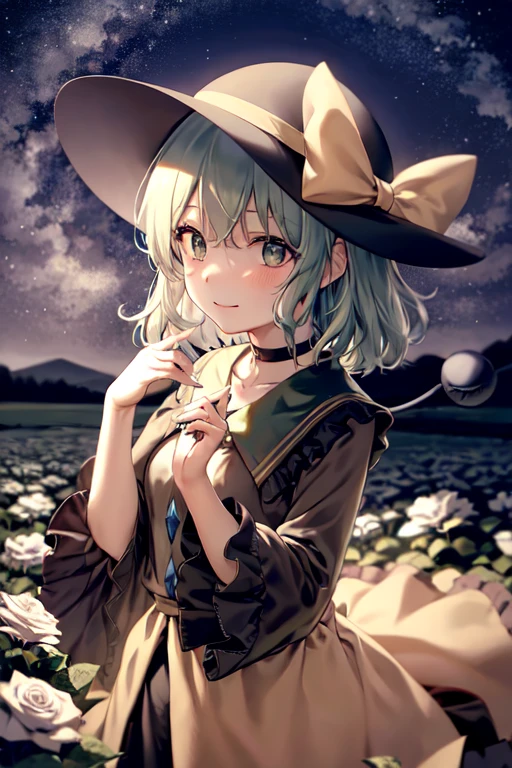 masterpiece, best quality, 1girl, solo, green eyes, komeiji koishi, hat, green hair, Nail Art, flower, blue flower, blue rose, rose, detached sleeves, short hair, bare shoulders, third eye, breasts, bow, smile, petals, dress, from side, medium breasts, looking at viewer, outdoors, black headwear, long sleeves, frills, cloud, wide sleeves, hat bow, closed mouth, choker, alternate costume, sky, black dress, white bow, blush, bangs, hair between eyes, flower field, frilled sleeves, hand up, field, strapless, eyeball, white skirt, cloudy sky, hat ribbon, ribbon, strapless dress, detached collar, adapted costume, standing, cowboy shot, upper body