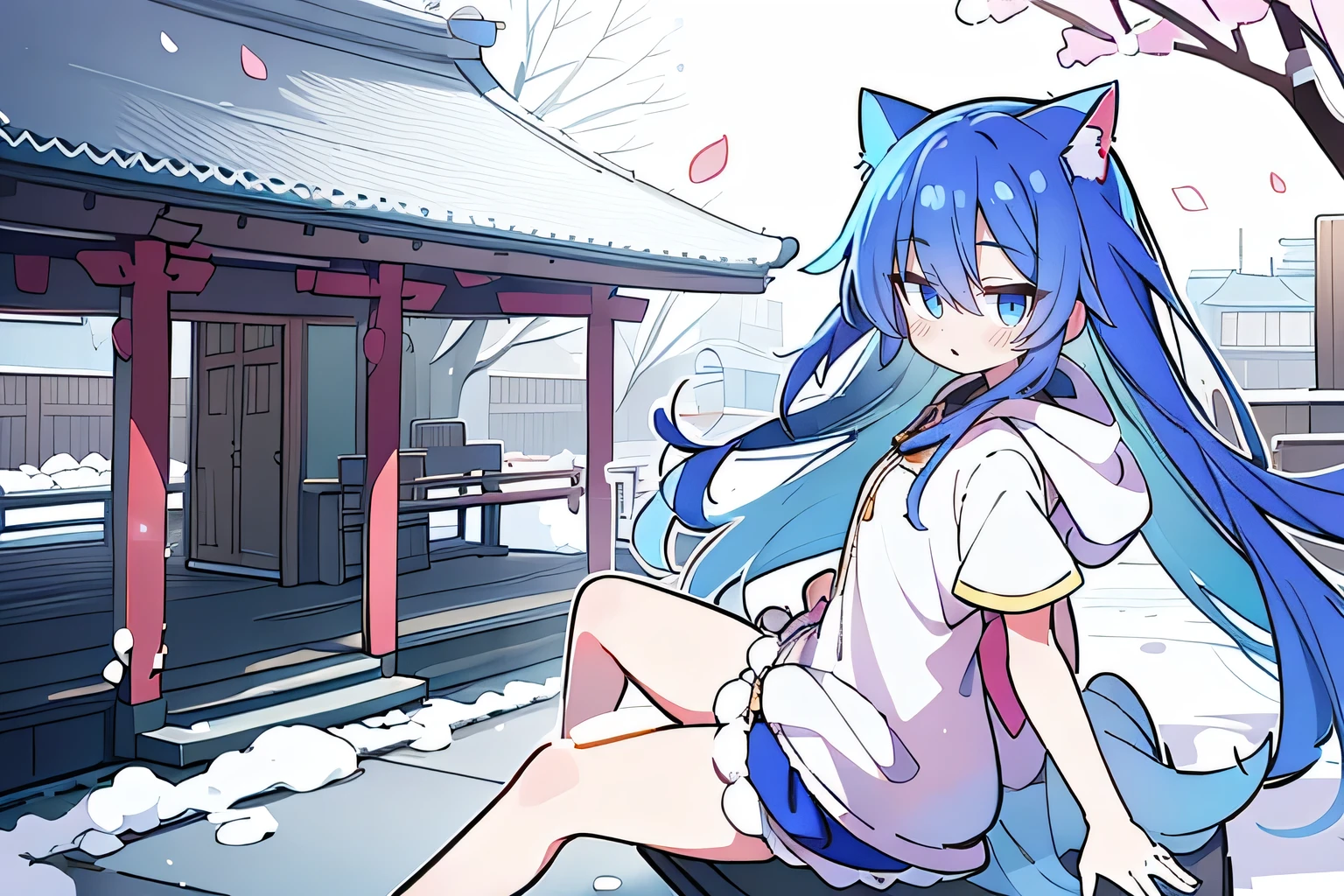 （masterpiece：1.2），Super detailed，lifelike，Expressive eyes，fair skin，perfect face shape，1 girl，
Japanese comics,Gorgeous blue hair,flowing blue hair,flowing clothes,Cat ears,Petals fall,beautiful lola,Baby Angel,
Cross your legs，Gentle and peaceful background，The pavilion is cool and comfortable,smile, wearing hoodie, background of tokyo,back views,snowing, winter.