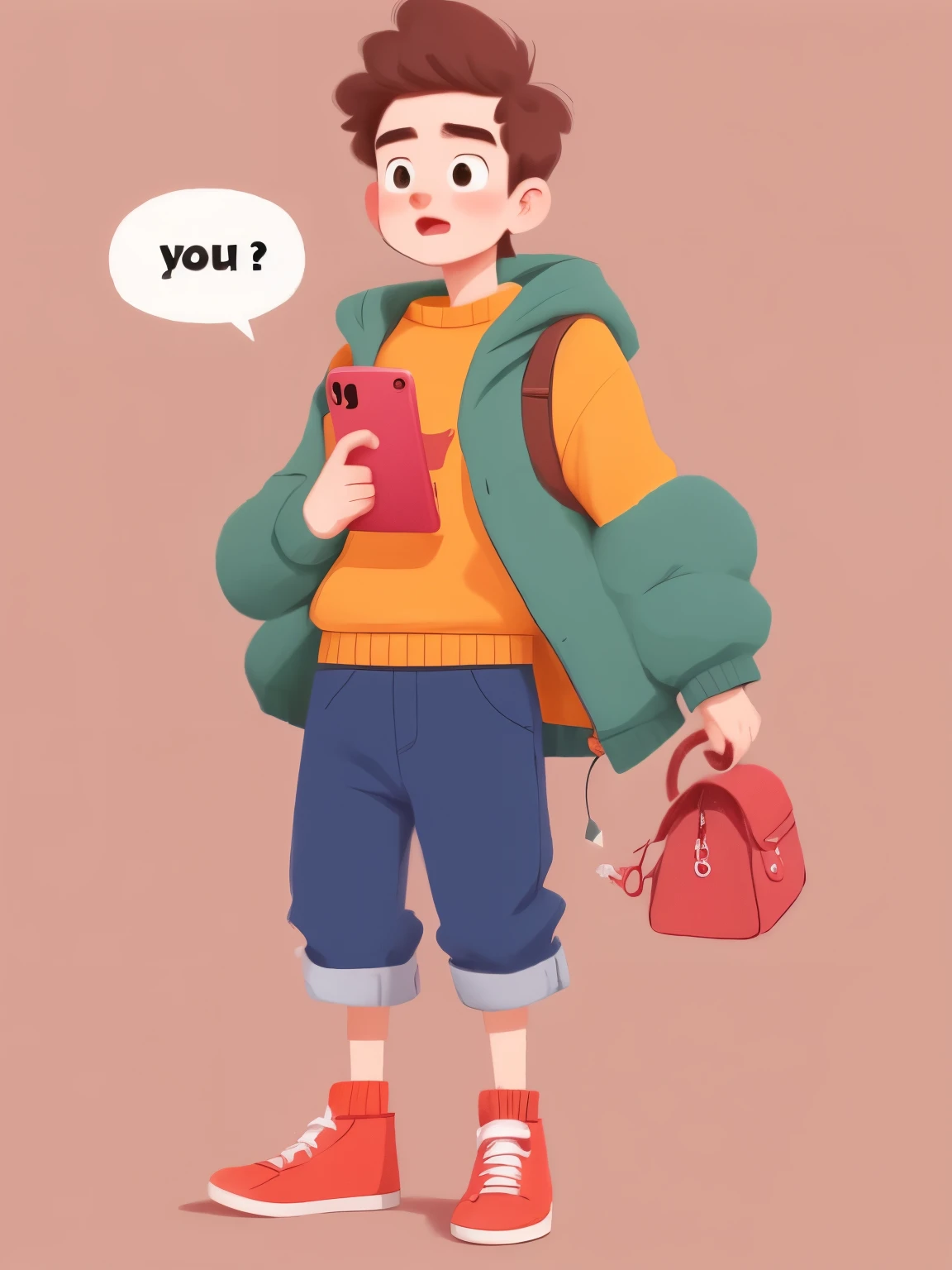 A man、cartoon of man with speech bubble, Holding mobile phone,Back to camera，
