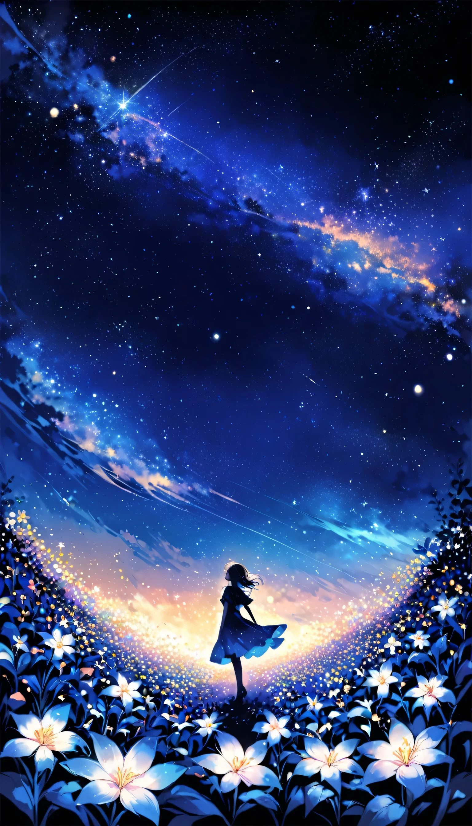 There is a girl Standing in a flower field looking up at the sky, a girl Standing in a flower field, Girl walking in a flower field, I was lost in a dream-like wonderland, Standing in a flower field, Amazing digital painting, The sky gradually cleared, The starry sky is gradually々moving away from  