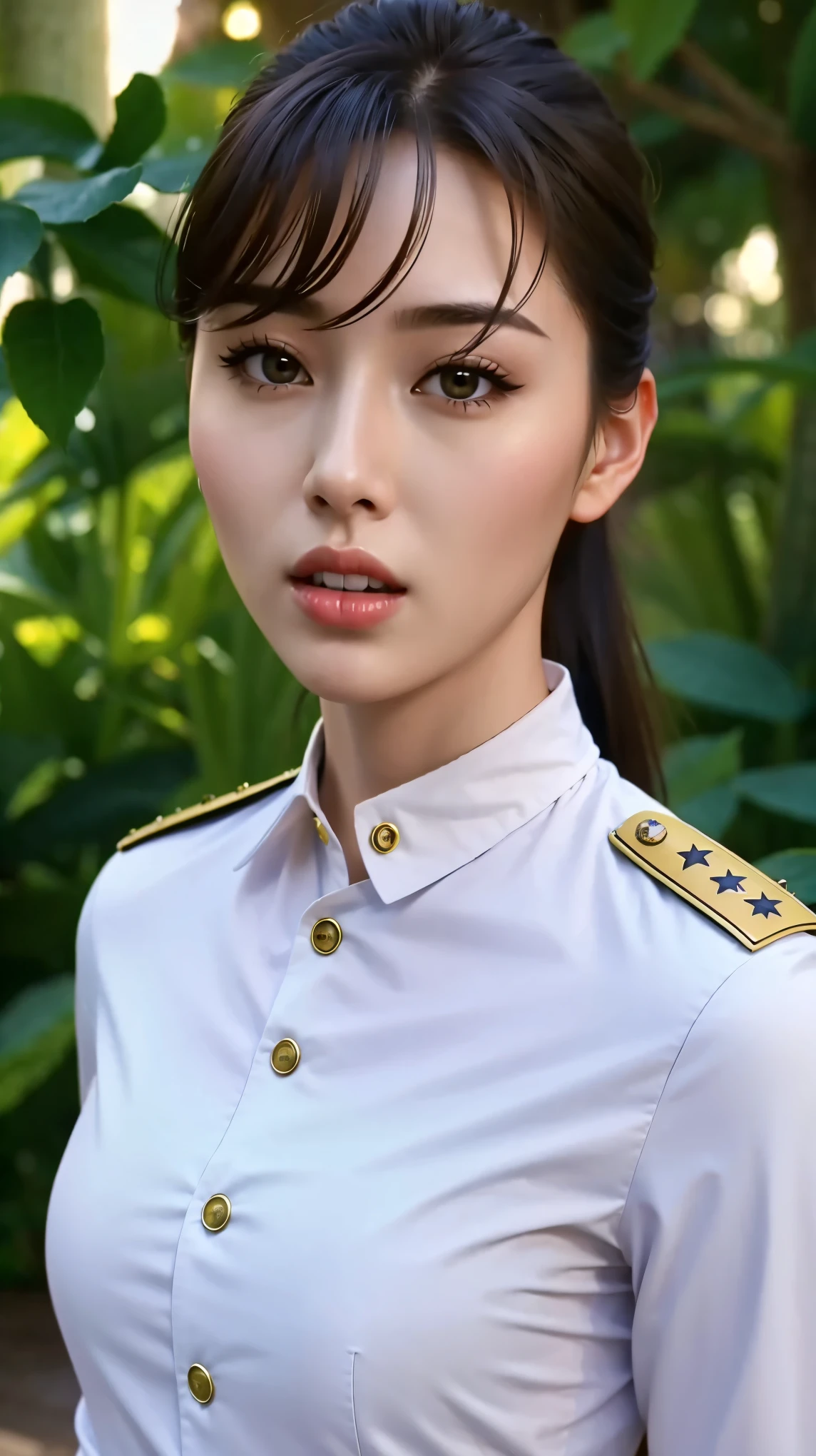 Fashion model 25 years old [[[[close up]]]], [[[[neck]]]], [[[[Shoulder]]]], Perfect eyes, Perfect iris，Perfect lips，Perfect Teeth，Perfect skin，White skin，Soft headlight，High-density imaging review，（Face is clear and delicate），((Tight military uniform))，best quality，masterpiece，（Soft colors：1.2）