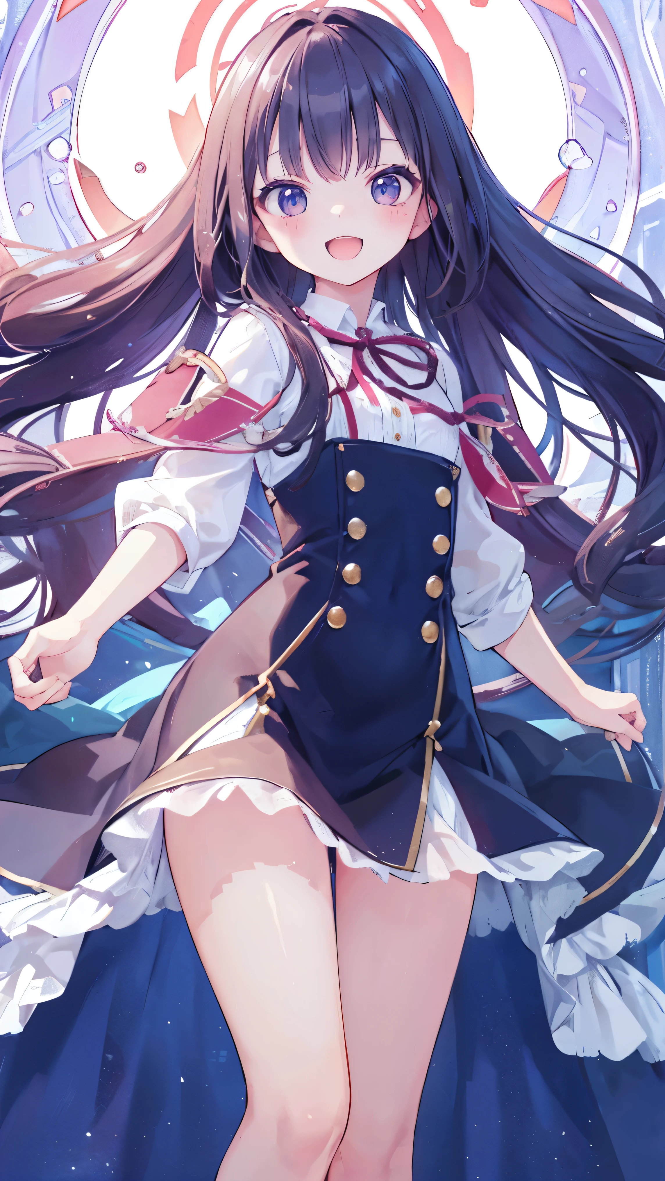Masterpiece、Highest quality、highest quality、((((Transparency))))、(Open Mouth Smile)、Shiny hair quality、Small face、Dynamic pose、Super detailed, beautiful, wide eyes、Ultra-detailed, clear and beautiful faces、(cute illustration:1.2), High-resolution, ultra-detailed, best quality, embarrassed、Thighs, Awards, Anatomically correct