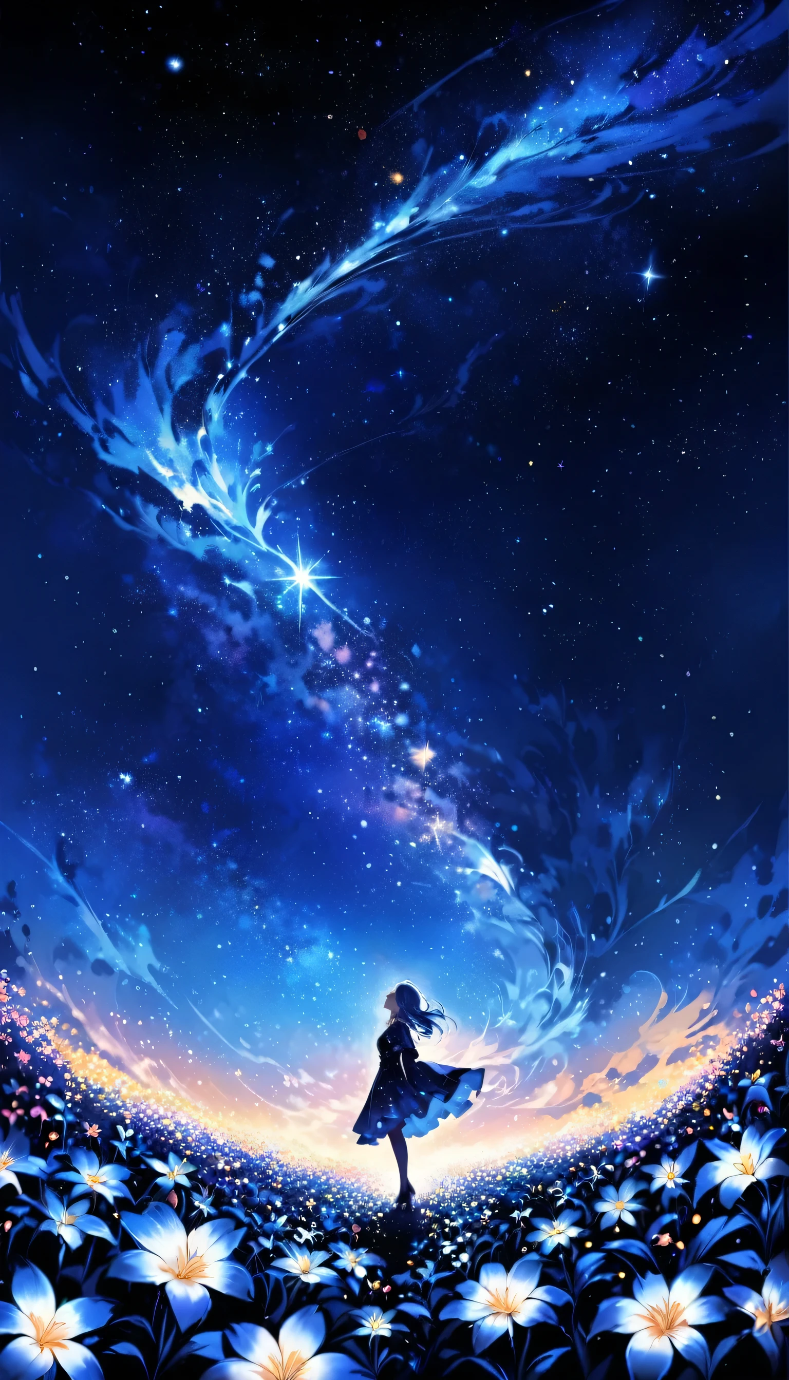 There is a girl Standing in a flower field looking up at the sky, a girl Standing in a flower field, Girl walking in a flower field, I was lost in a dream-like wonderland, Standing in a flower field, Amazing digital painting, The sky gradually cleared, The starry sky is gradually々moving away from  