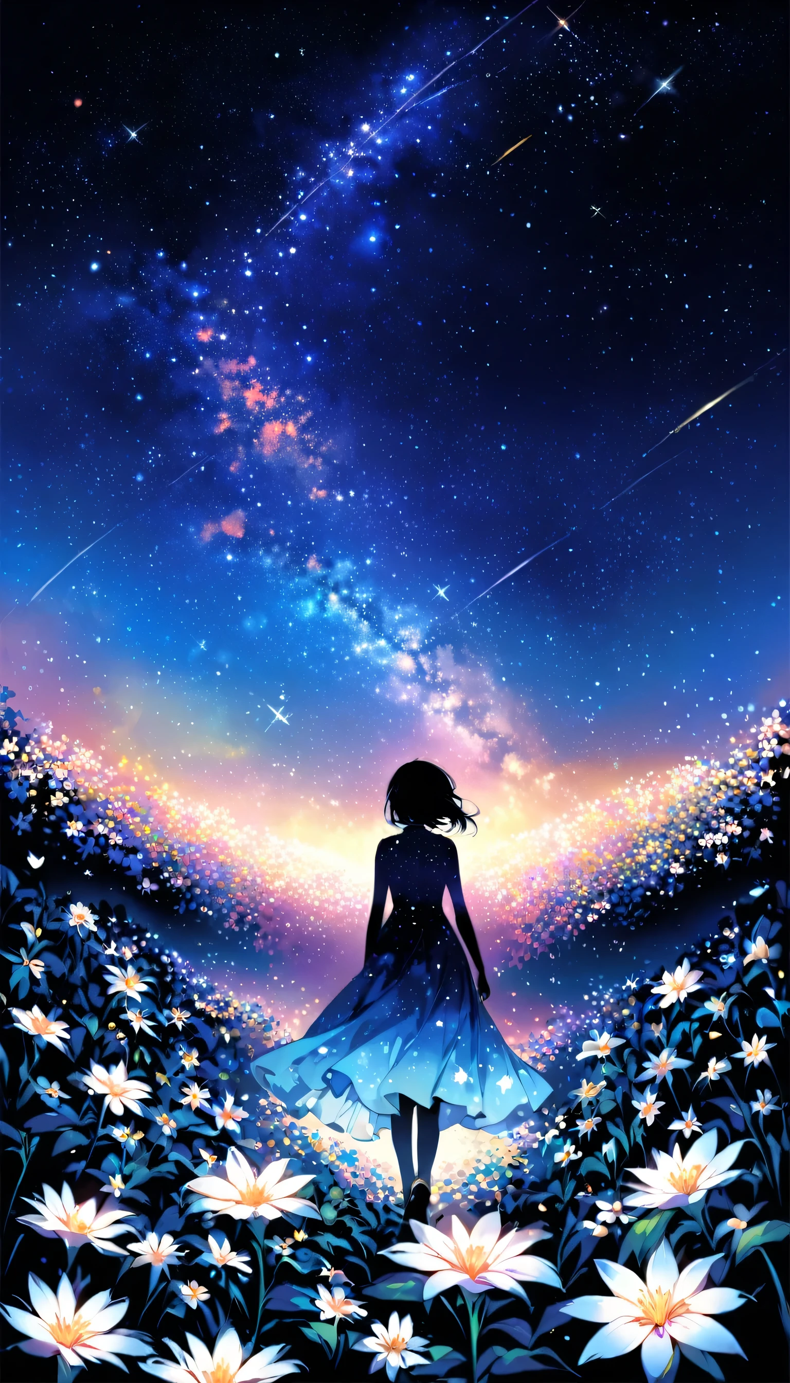 There is a girl Standing in a flower field looking up at the sky, a girl Standing in a flower field, Girl walking in a flower field, I was lost in a dream-like wonderland, Standing in a flower field, Amazing digital painting, The sky gradually cleared, The starry sky is gradually々moving away from