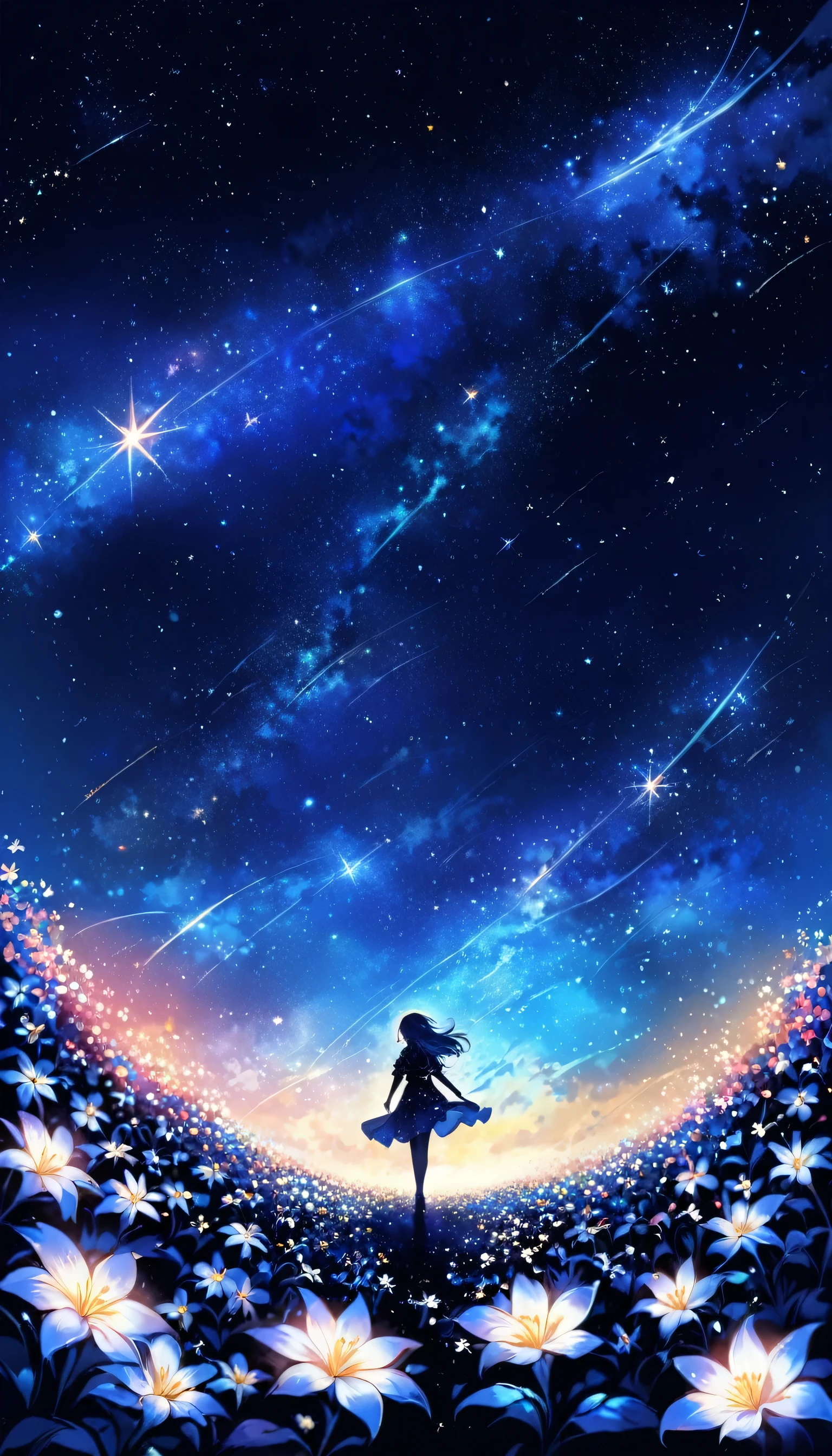 There is a girl Standing in a flower field looking up at the sky, a girl Standing in a flower field, Girl walking in a flower field, I was lost in a dream-like wonderland, Standing in a flower field, Amazing digital painting, The sky gradually cleared, The starry sky is gradually々moving away from  