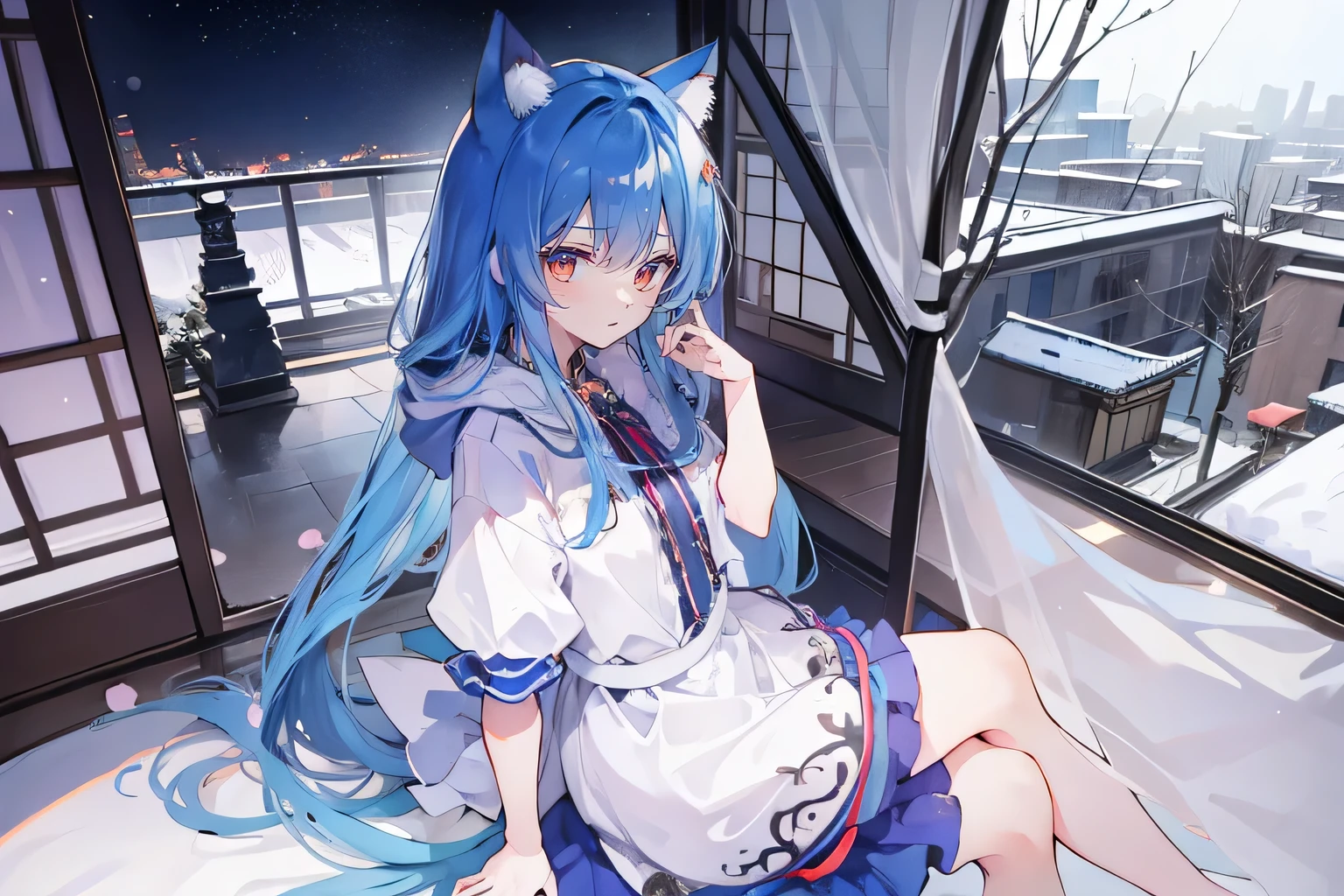 (masterpiece:1.2),Super detailed,lifelike,Expressive eyes,fair skin,perfect face shape,1 girl,
Japanese comics,Gorgeous blue hair,flowing blue hair,flowing clothes,Cat ears,Petals fall,beautiful lola,Baby Angel,
Cross your legs,Gentle and peaceful background,The pavilion is cool and comfortable,smile, wearing hoodie, background of tokyo,back views,snowing, winter.