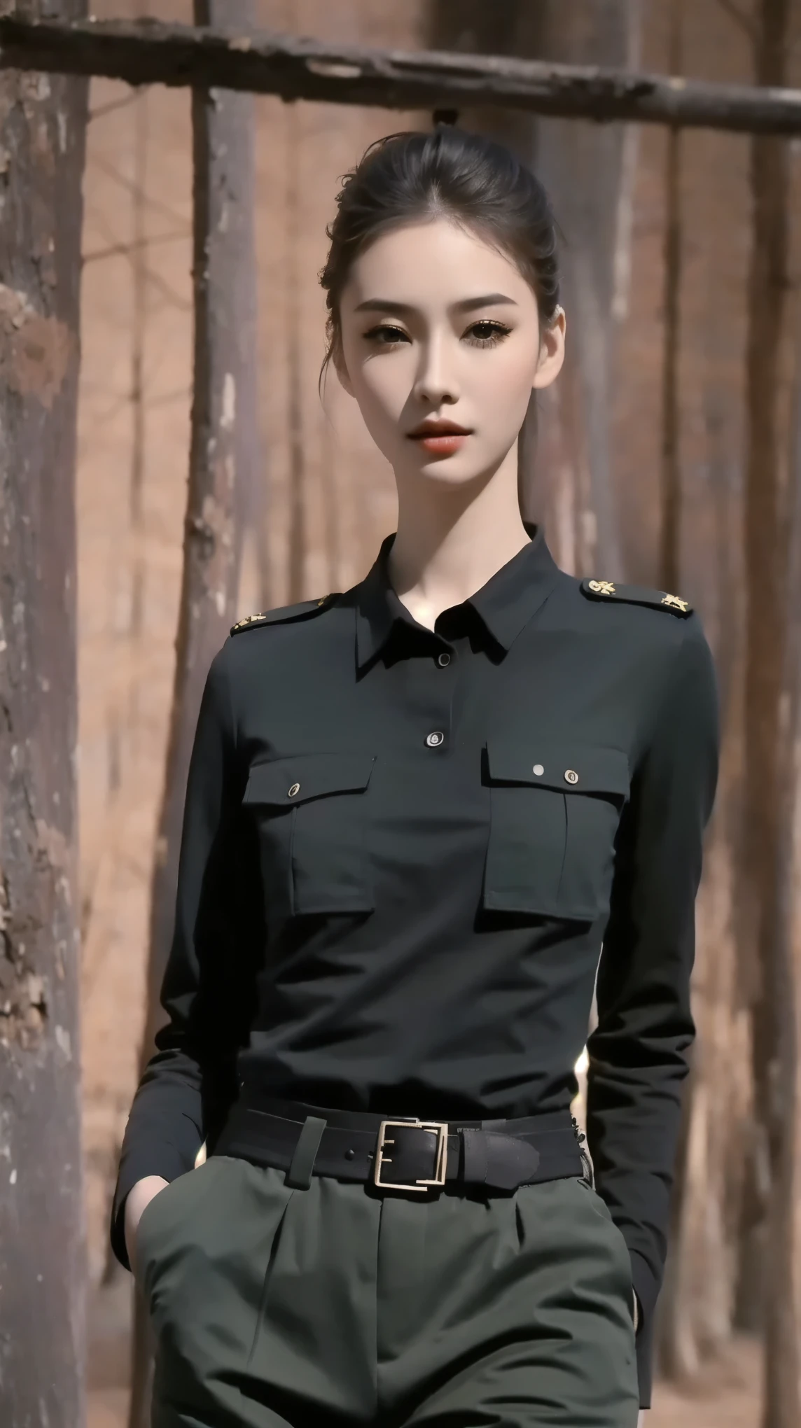 Fashion model 25 years old [[[[close up]]]], [[[[neck]]]], [[[[Shoulder]]]], Perfect eyes, Perfect iris，Perfect lips，Perfect Teeth，Perfect skin，White skin，Soft headlight，High-density imaging review，（Face is clear and delicate），((Tight military uniform))，best quality，masterpiece，（Soft colors：1.2）