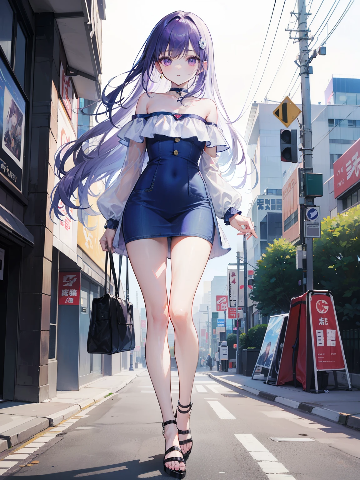 Dynamic posing, dynamic angle,Top quality work,((summer)), Show Legs,8K, photo image, masterpiece,super resolution ,(long silver-purple hair),(purple eyes), Pale light and shadow, Very bright white background, 1 girl,((denim slim Dresses)),((Strapless Tube denim Dresses Off Shoulder)),((Bodycon Mini Dress)), ((without sleeves)),black heels, (at the tokyo street),small round chest, only denim dress, full-body view,(park in the background)