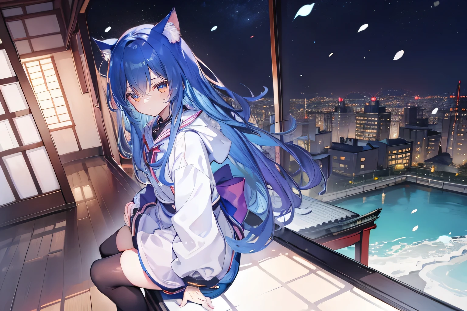（masterpiece：1.2），Super detailed，lifelike，Expressive eyes，fair skin，perfect face shape，1 girl，
Japanese comics,Gorgeous blue hair,flowing blue hair,flowing clothes,Cat ears,Petals fall,beautiful lola,Baby Angel,
Cross your legs，Gentle and peaceful background，The pavilion is cool and comfortable,smile, wearing hoodie, background of tokyo,back views,snowing, winter.