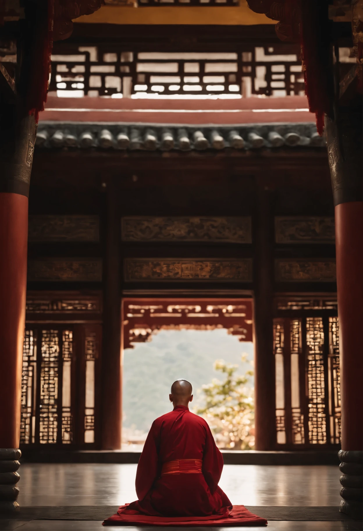 A high-resolution image of the back view of a Chinese monk praying devoutly. The monk is wearing traditional robes and is in a serene temple setting. The environment is tranquil, with soft lighting and an atmosphere of peace and contemplation. The temple background features traditional Chinese architecture, with ornate details and a peaceful ambiance
