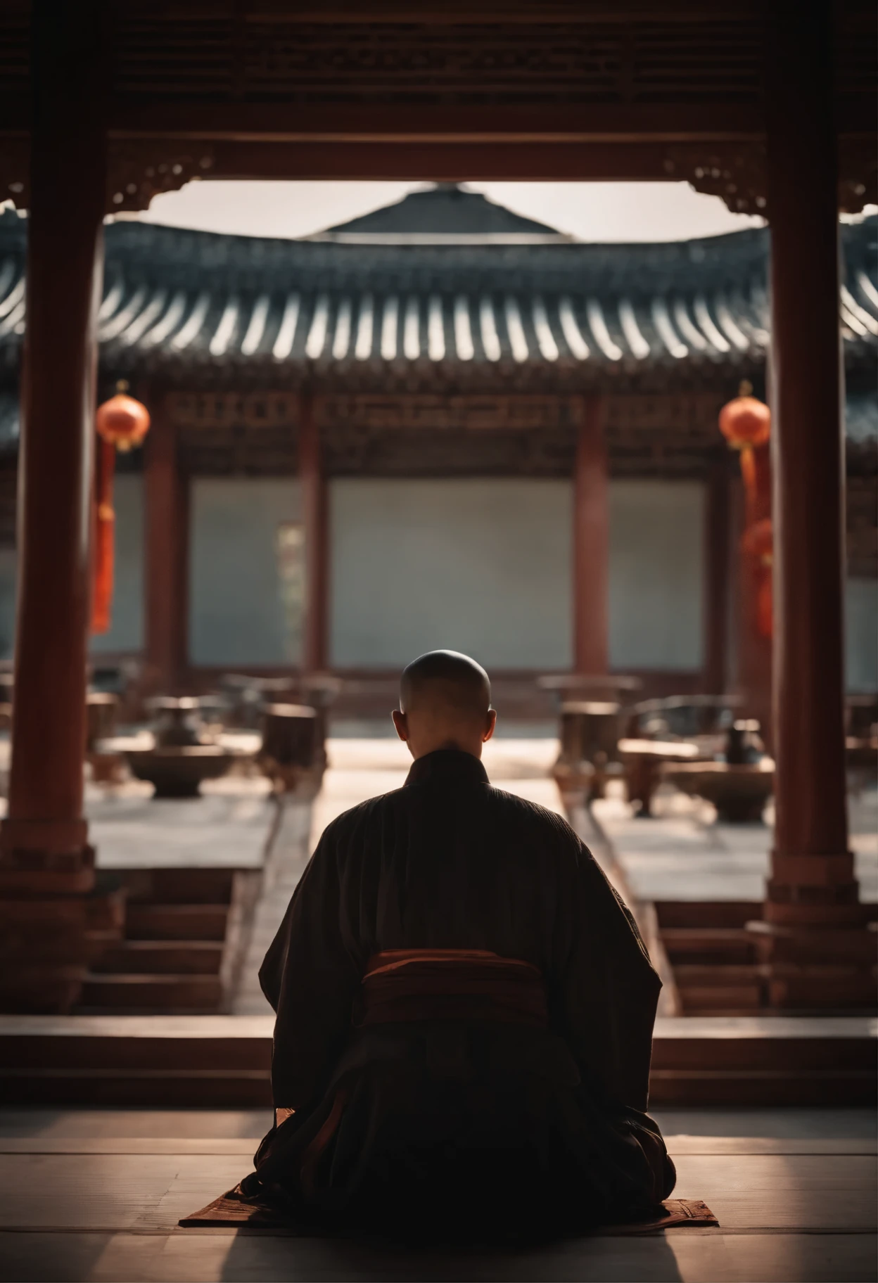 A high-resolution image of the back view of a Chinese monk praying devoutly. The monk is wearing traditional robes and is in a serene temple setting. The environment is tranquil, with soft lighting and an atmosphere of peace and contemplation. The temple background features traditional Chinese architecture, with ornate details and a peaceful ambiance