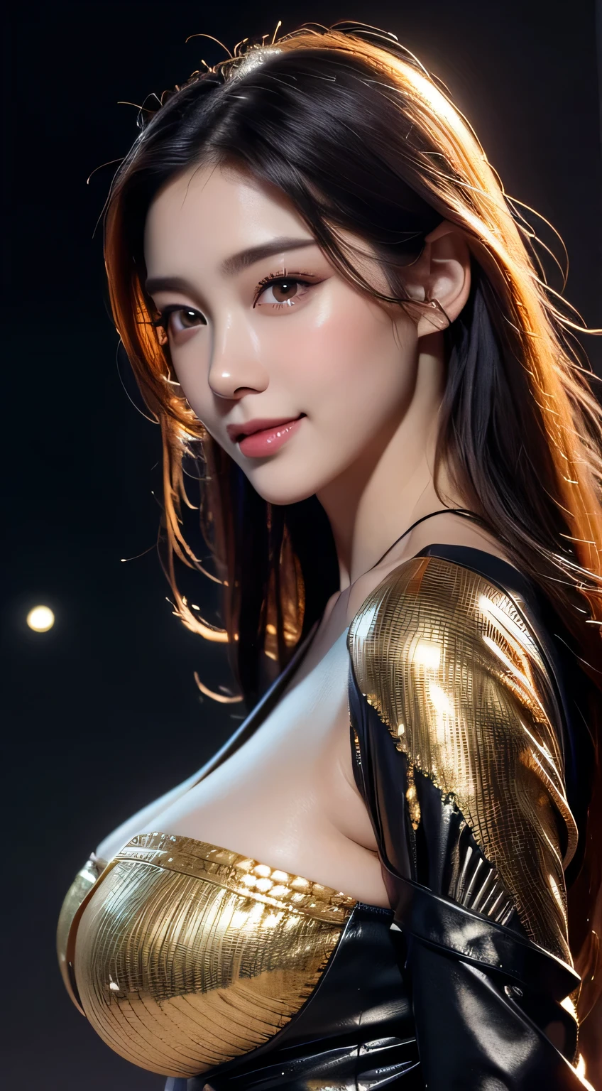Kimono beauty, body portrait, 8k, thin and beautiful eyes, Dindal effect, masterpiece, top quality, high quality, high resolution, very detailed photo, (natural skin texture, fine skin, hyper realism, super sharpness) , high detail skin, (very fine, fine skin texture, intricate details, beautiful face, (real-like face), realistic eyes, beautifully detailed eyes, realistic skin, beautiful skin, surreal, Highly detailed, golden ratio, smiling eyes, ((night moonlight background)), body portrait, G cup, big breasts, huge breasts, big breasts, glamorous, shiny bodysuit