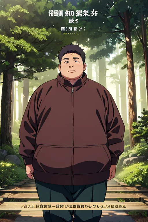 ((illustration)), (best quality)), ((masterpiece)), (detailed), image cover, hanajima_megumi, 1man, adult, obese, forest background, dark hair, stuffy jacket, daytime, morning, hand stretched to audience, 