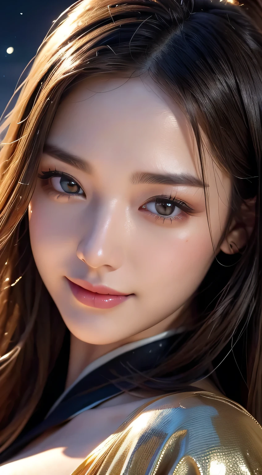 Kimono beauty, body portrait, 8k, thin and beautiful eyes, Dindal effect, masterpiece, top quality, high quality, high resolution, very detailed photo, (natural skin texture, fine skin, hyper realism, super sharpness) , high detail skin, (very fine, fine skin texture, intricate details, beautiful face, (real-like face), realistic eyes, beautifully detailed eyes, realistic skin, beautiful skin, surreal, Highly detailed, golden ratio, smiling eyes, ((night moonlight background)), body portrait, G cup, big breasts, huge breasts, big breasts, glamorous, shiny bodysuit