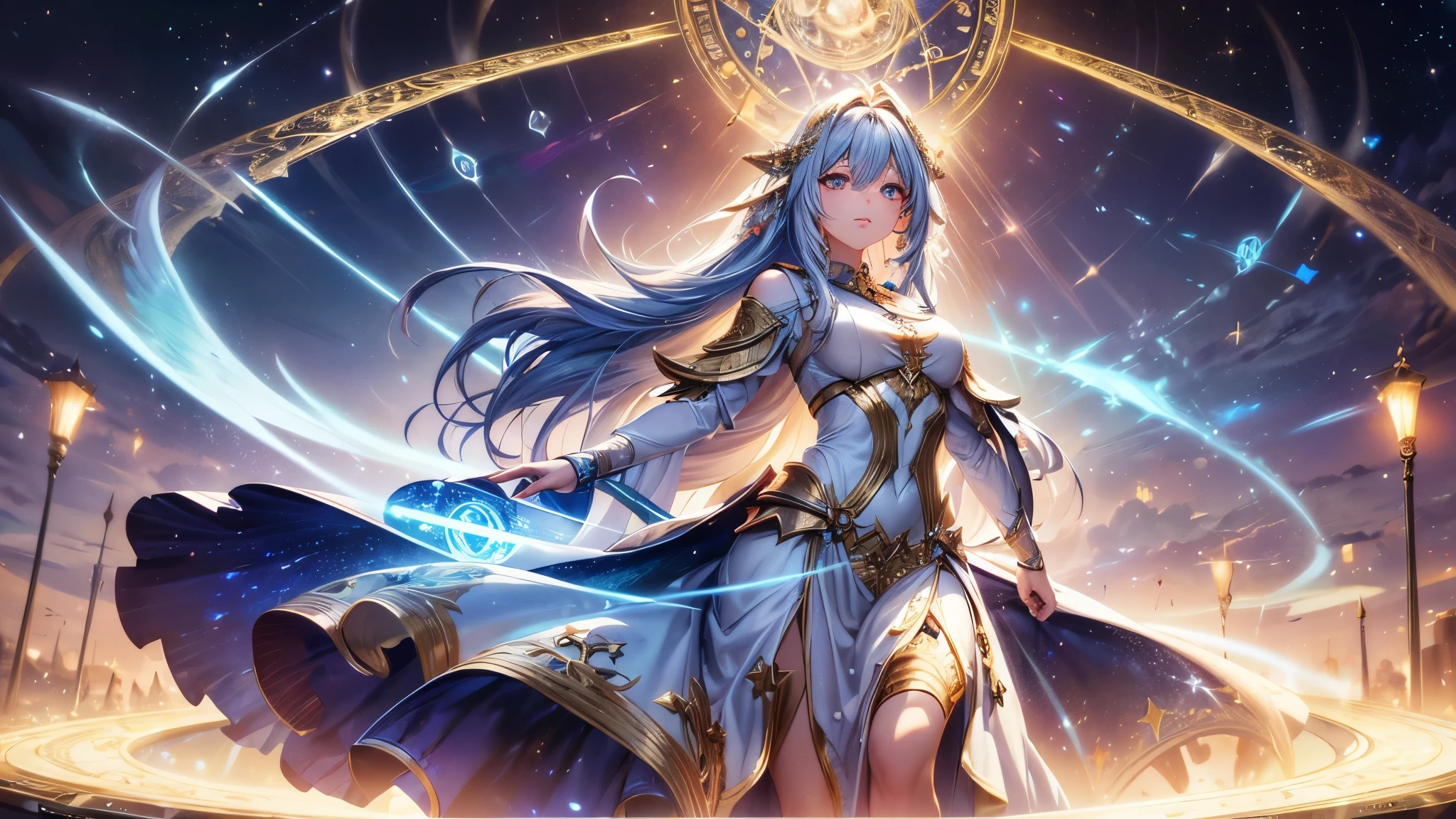 (best quality, ultra-detailed, masterpiece:1.2), fair, spokesmodel goddess, Chronos, eternity, time god, ancient times, mystery, magic, god rays, galaxy, stardust, ethereal face, enchanting eyes, flowing hair, celestial landscape, shimmering long skirt, starry magic circle, ethereal lighting, Octane Render