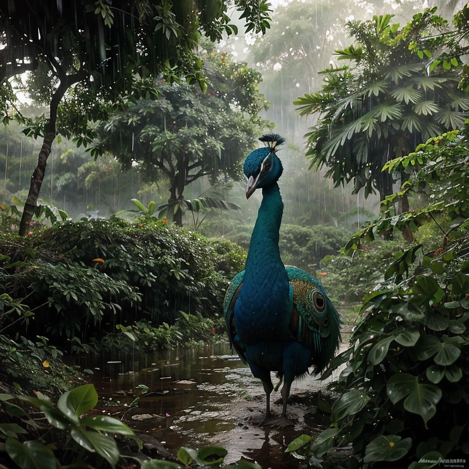 Indian Peacock, Jungle, Monsoon , Rain, As the rain falls softly, the jungle comes alive with the rhythmic dance of the peacock. Each graceful movement is a celebration of nature's renewal, a symphony of colors in the misty rain.