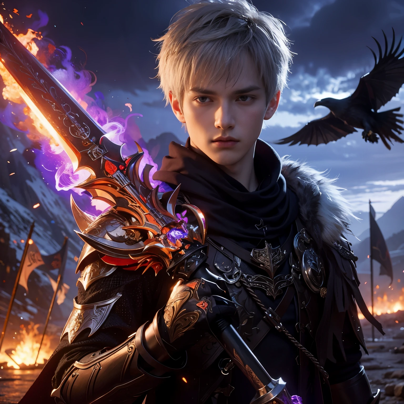a young male knight, short white hair, wearing black knight-style clothes and attributes, wearing knight shoes, carrying a knight's sword with a dragon carved on the blade, angry expression with a sharp gaze, looks like an Asian, purple flames appear under the sword, the background is on the battlefield with a night atmosphere, behind the knight there is a crow flying, high quality, realistic, masterpiece, full body
