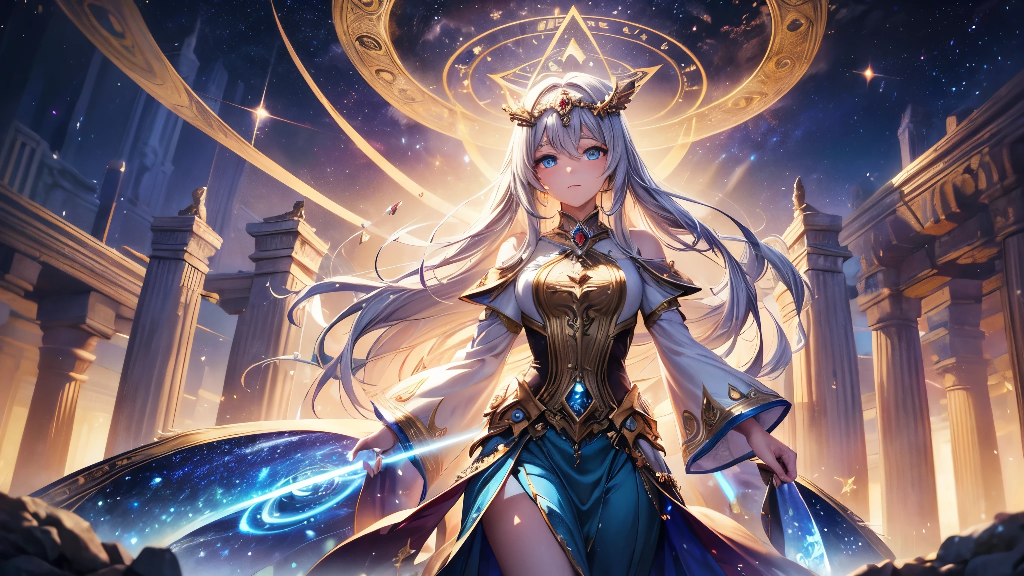 (best quality, ultra-detailed, masterpiece:1.2), fair, spokesmodel goddess, Chronos, eternity, time god, ancient times, mystery, magic, god rays, galaxy, stardust, ethereal face, enchanting eyes, flowing hair, celestial landscape, shimmering long skirt, starry magic circle, ethereal lighting, Octane Render