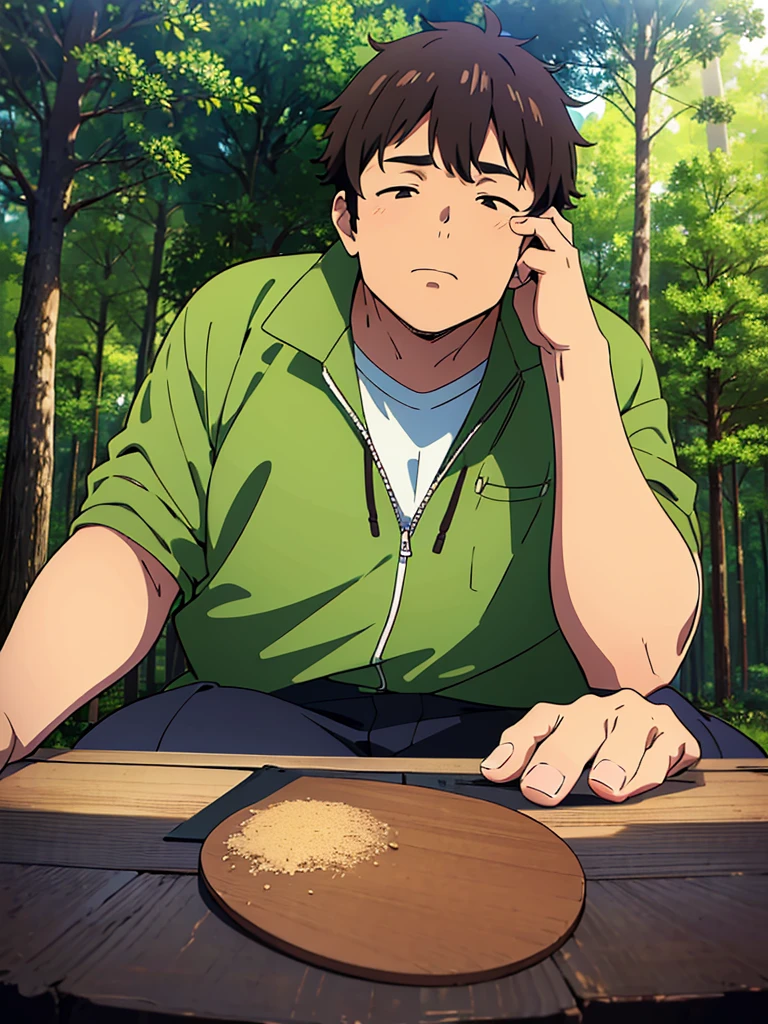 ((illustration)), (best quality)), ((masterpiece)), (detailed), image cover, hanajima_megumi, 1man, adult, obese, forest background, dark hair, stuffy jacket, daytime, morning, hand stretched to audience,
