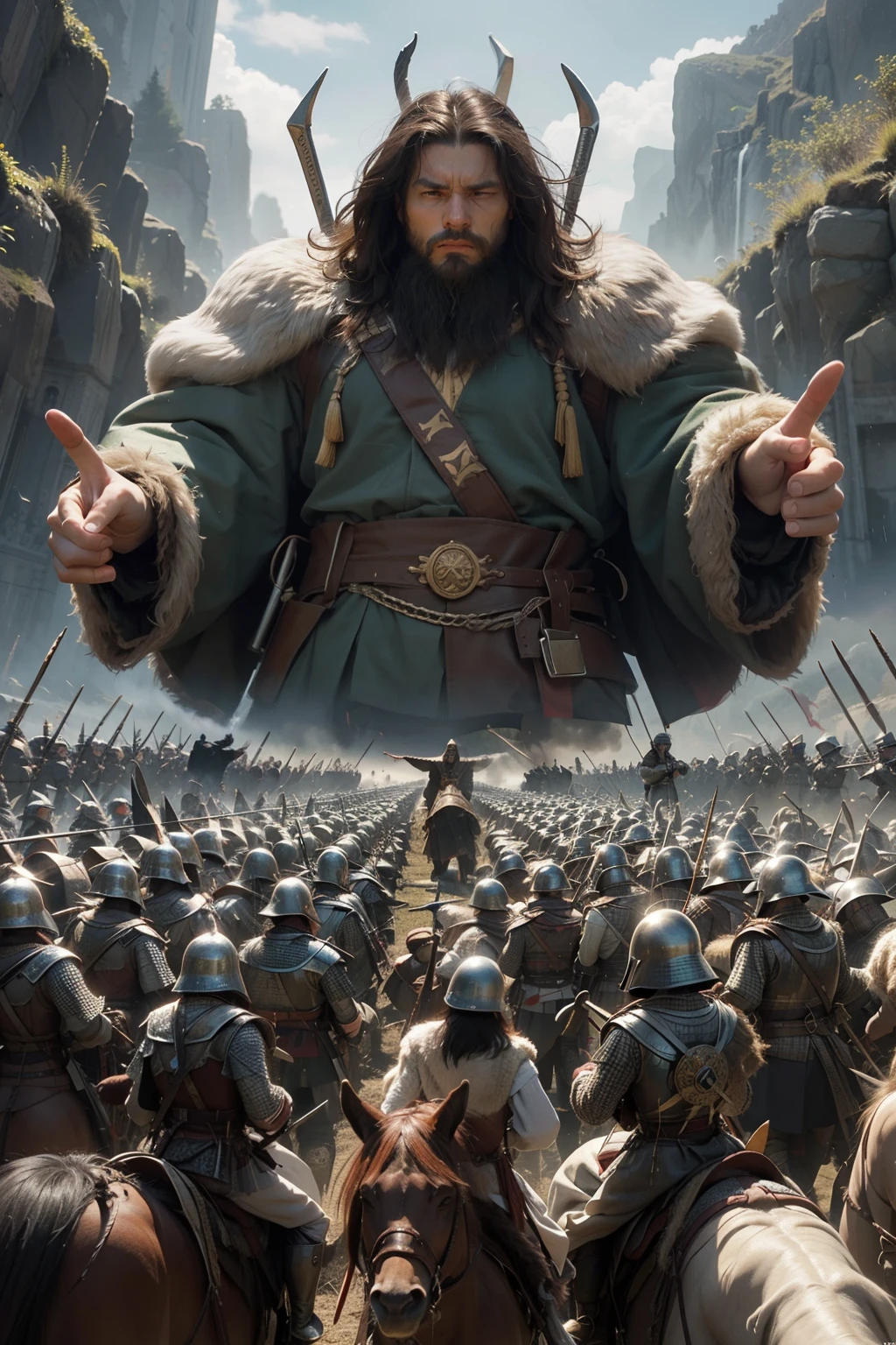 how about a biblical giant, com uma altura imponente, segurando uma enorme espada, facing an army of king men that seem tiny in comparison? O gigante poderia estar olhando para baixo, with an expression of defiance, while the kings men are gathered in battle formation, showing determination on their faces. Ao fundo, there could be a mountainous landscape or an epic battle scenario.