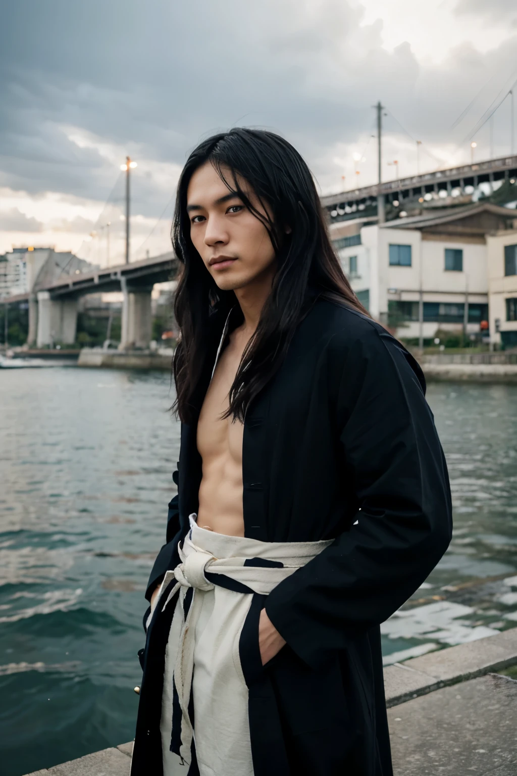 Imagine a Japanese young man with long, unkempt black and long hair. His striking blue eyes contrast with his dark hair. He's dressed in a black hanten, a traditional Japanese coat, tied around his waist with a white belt. The belt is knotted so that two ends dangle in front of him. Behind him, visualize the scenic cityscape of Marseille, with its distinctive architecture and waterfront.