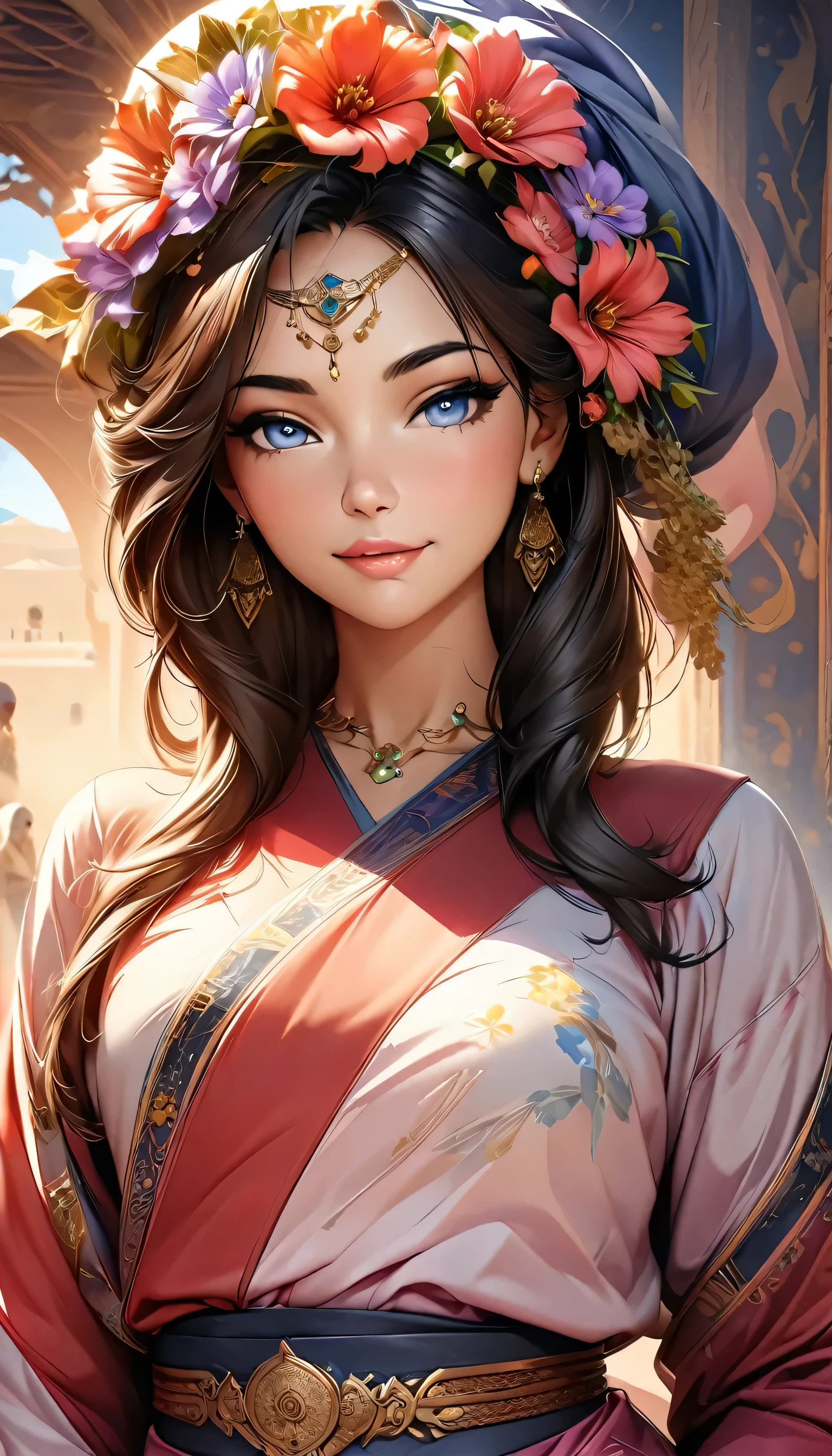 Arabian woman in kimono with flowers on her head, Beautiful digital artwork, Beautiful digital illustrations, Beautiful digital painting, Gorgeous digital painting, Gweiz-style artwork, Photorealistic anime girl rendering, Smooth anime CG art, Beautiful digital art, Amazing digital art with great detail, Amazing digital illustrations, Detailed digital anime art, April Rendering, Beautiful anime portraits
