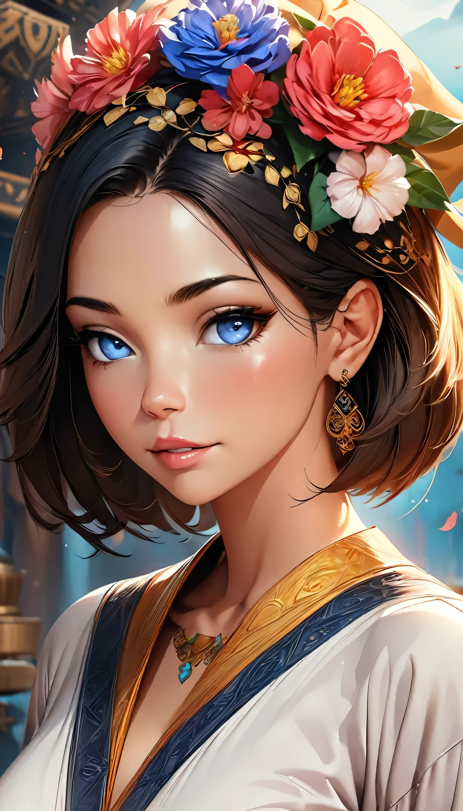 Arabian woman in kimono with flowers on her head, Beautiful digital artwork, Beautiful digital illustrations, Beautiful digital painting, Gorgeous digital painting, Gweiz-style artwork, Photorealistic anime girl rendering, Smooth anime CG art, Beautiful digital art, Amazing digital art with great detail, Amazing digital illustrations, Detailed digital anime art, April Rendering, Beautiful anime portraits