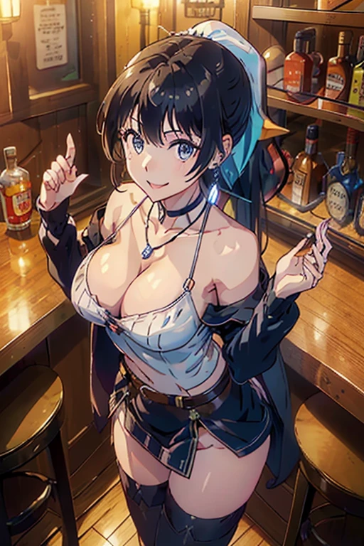 (from above:1.2),(from side:0.9), ((Face)), (Close-Up:0.6), masterpiece,"A 26-year-old girl stands at a bar counter. She is dressed in a stylish off-shoulder dress, sweater dress, off-shoulder sweater, red sweater,garter stocking, cleavage:1.1, midriff, black thighhighs, pretty girl, (highly detailed beautiful face and eyes,firm breasts),real skin,((black,hair,long pony tail hair)),thin pubic hair,cute and lovely pose, detailed eyes, This masterpiece is only visually stunning but also tells,(small breasts:1.0,under bust:1.1),(with sparkling eyes and a contagious smile),open mouth. The bar is beautiful, with colorful bottles of alcohol in the background and a soft glow from neon lights. The atmosphere is relaxed, and the girl looks confident and fashionable.",full body, sexy pose,make a cocktail , in the bar counter, Looking at Viewer,(NSFW)、Photorealistic perfect body、Ultra-high image quality、Ultra-high realistic image quality,(with sparkling eyes and a contagious smile),(her thin pubic hair:1.4),(Japan Gal:1.3)、(age face:0.8)、(cute bikini)、(twin)、(medium-breasted:1.2)、(cleavage of the breast:1.3)、(Gravure Pose:1.4)、(Cowboy Shot、Thigh up:1.2)、Waist slender、(bangss)、(brown hair color:1.1)、(voluminous curly hair:0.3)、(long hair:1.2)、(Chain Belt)、(good lighting)、(blurry backround)、A smile、Gal Style Makeup、Gal style earrings、Gal style bracelet、(Gal style long necklace、Cross Ornament:1.3)、shopping street,happy smile, smiling,((Very happy smile))、Show shoulders、Complex patterns and transparent materials、Artistic depiction of seductive women, Emphasizes her charming silhouette,