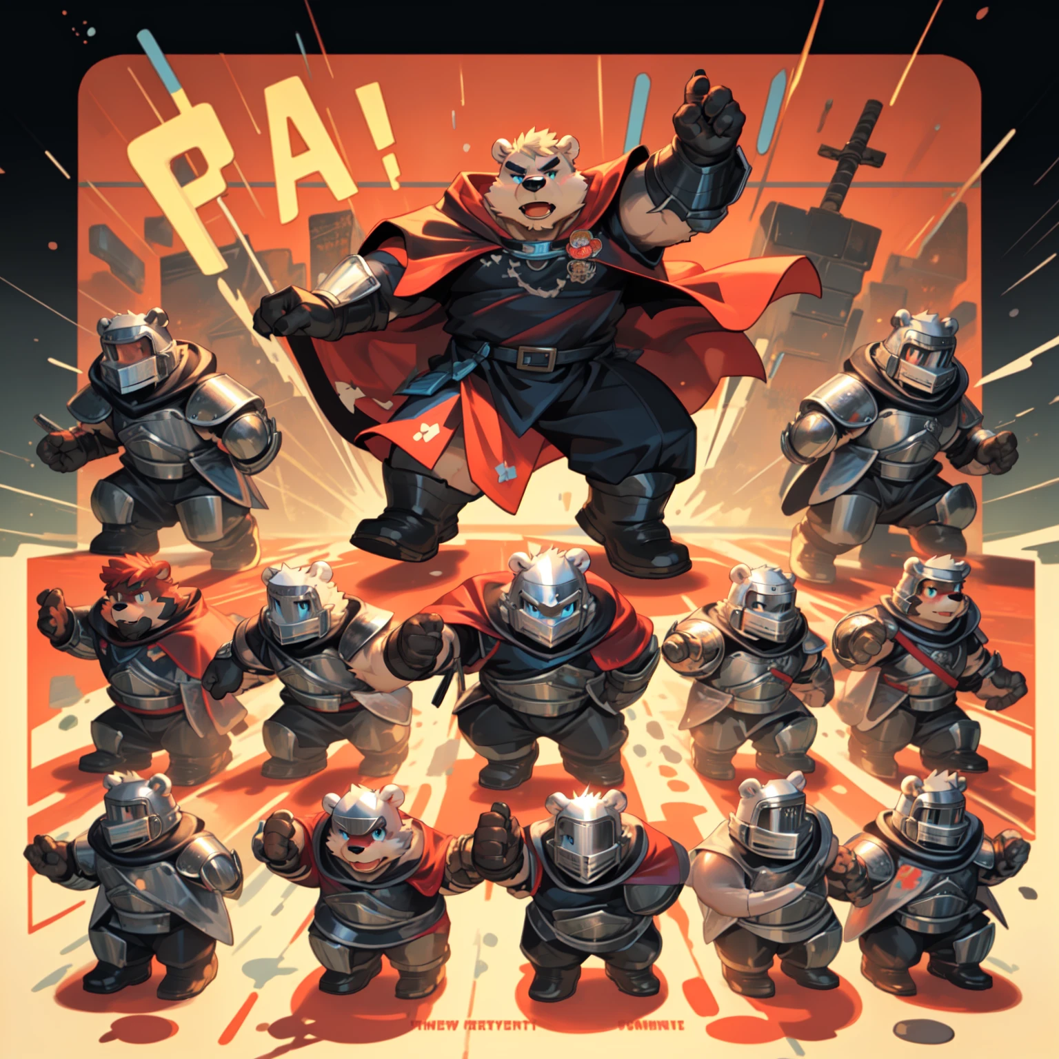 New Jersey 5 Furry,polar bear,Solitary,Chubby,Fat,Thick arms,Rugged muscles,White plush fur,Chubby脸,Black eyebrows,Sky blue eyes,(Beard),(((Knight clothing, Cherry red long cape))), (Dynamic poses:1.6), Various expressions, whole body, Retro game, Mario style game, Medieval fantasy game, The gaming world of the 80s, An adventurous hero with a sword,Colorful、Vibrant color palette, High Score Challenge,Retro game level design,沉浸式Retro game环境