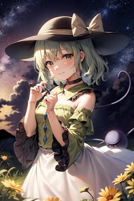 masterpiece, best quality, 1girl, solo, green eyes, komeiji koishi, hat, green hair, Nail Art, flower, blue flower, blue rose, rose, detached sleeves, short hair, bare shoulders, third eye, breasts, bow, smile, petals, dress, from side, medium breasts, looking at viewer, outdoors, black headwear, long sleeves, frills, cloud, wide sleeves, hat bow, closed mouth, choker, alternate costume, sky, black dress, white bow, blush, bangs, hair between eyes, flower field, frilled sleeves, field, strapless, eyeball, white skirt, cloudy sky, hat ribbon, ribbon, strapless dress, detached collar, adapted costume, standing, cowboy shot, upper body