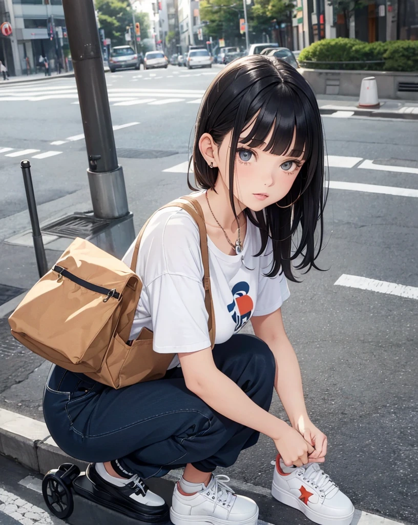 ({Mia},girl,17yo,wavy short hair,navy hair-color,beautiful detailed face,parallel eyebrows,navy eyes,
eyes with large irises,blunt bangs,small nose,small mouth, fresh lips,round chin,small breasts,5feet tall),
BREAK Oversized organic cotton graphic tee, tapered recycled polyester joggers, cork platform sneakers, fair-trade canvas crossbody sustainable horn pendant necklace,downtown of tokyo,