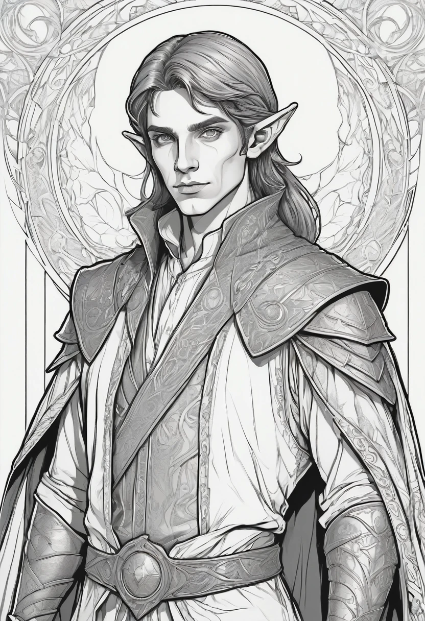 clean line art of a male half elf half human warlock, poster, for coloring book
