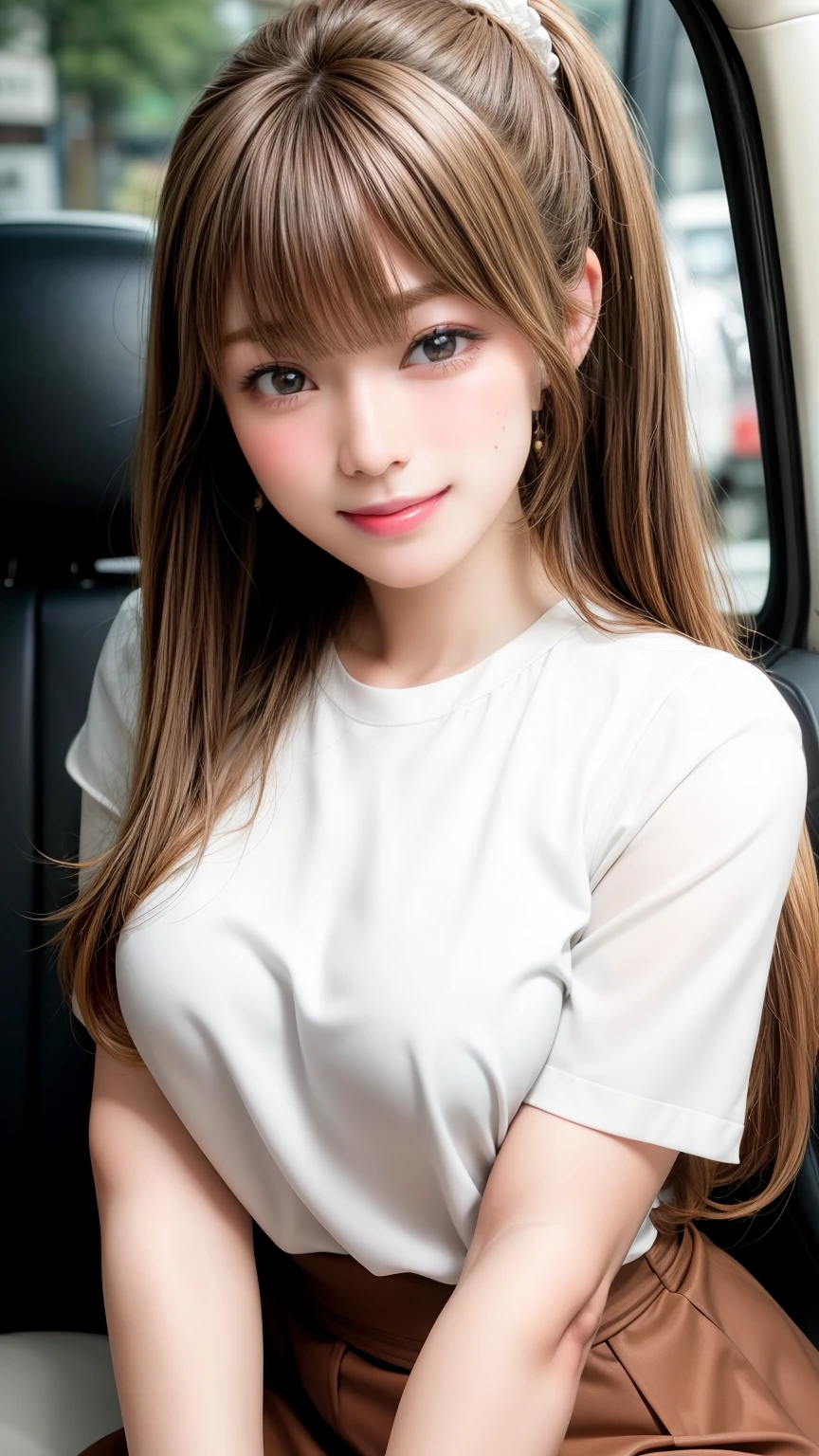 Tabletop、Super cute face、Large Breasts、 Large Breastsの谷間、Good style、Natural Lip、Fair skin、Great light、Beautiful lighting、((Straight hair、ponytail))、Brown Hair、Blunt bangs、Cute T-Shirtini skirt、Gorgeous Accessories、In the car、smile、かわいいsmile