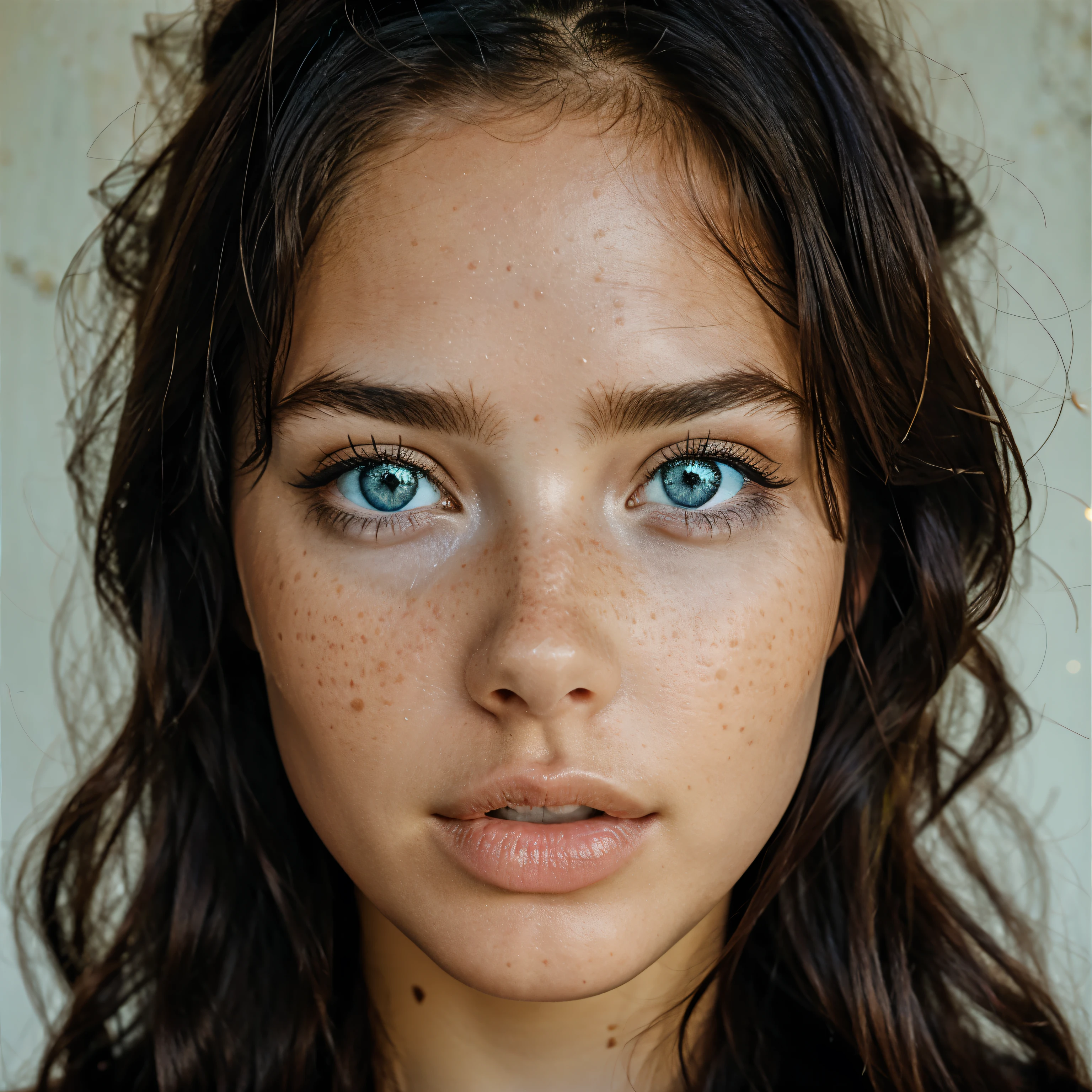 (best quality, realistic, ultra-detailed),1girl,solo,long hair,looking at viewer, blue eyes,black hair, parted lips,freckles,glowing eyes,sharp focus,portrait,messy hair,blurry background
