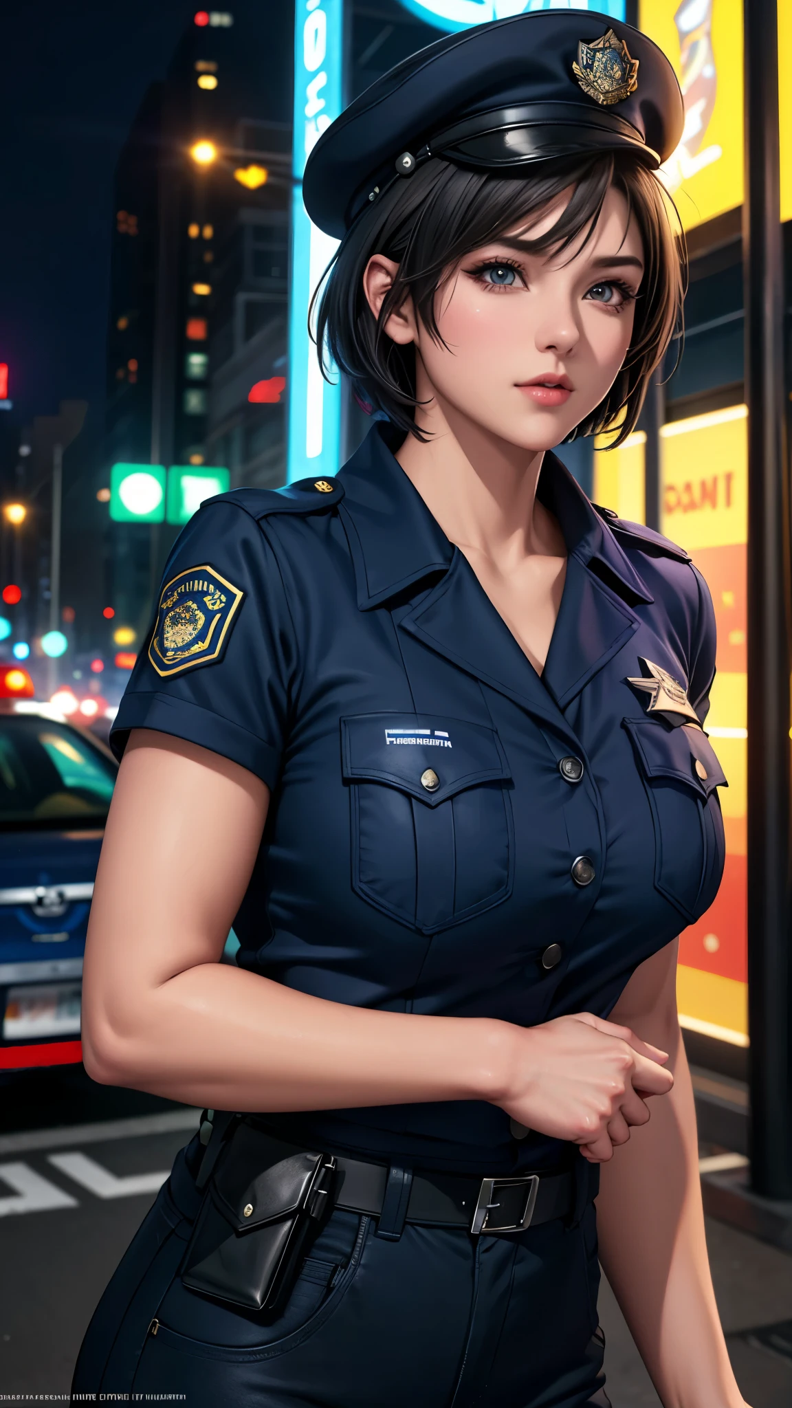 (best quality, 4k, 8k, highres, masterpiece:1.2), ultra-detailed, (realistic, photorealistic, photo-realistic:1.37), HDR, UHD, studio lighting, ultra-fine painting, sharp focus, physically-based rendering, extreme detail description, professional, vivid colors, bokeh, portrait, 1 girl, ((catseye)), ((very short hair)), (police officer), downtown, police car, neon light, cap, chest pocket,navy blue