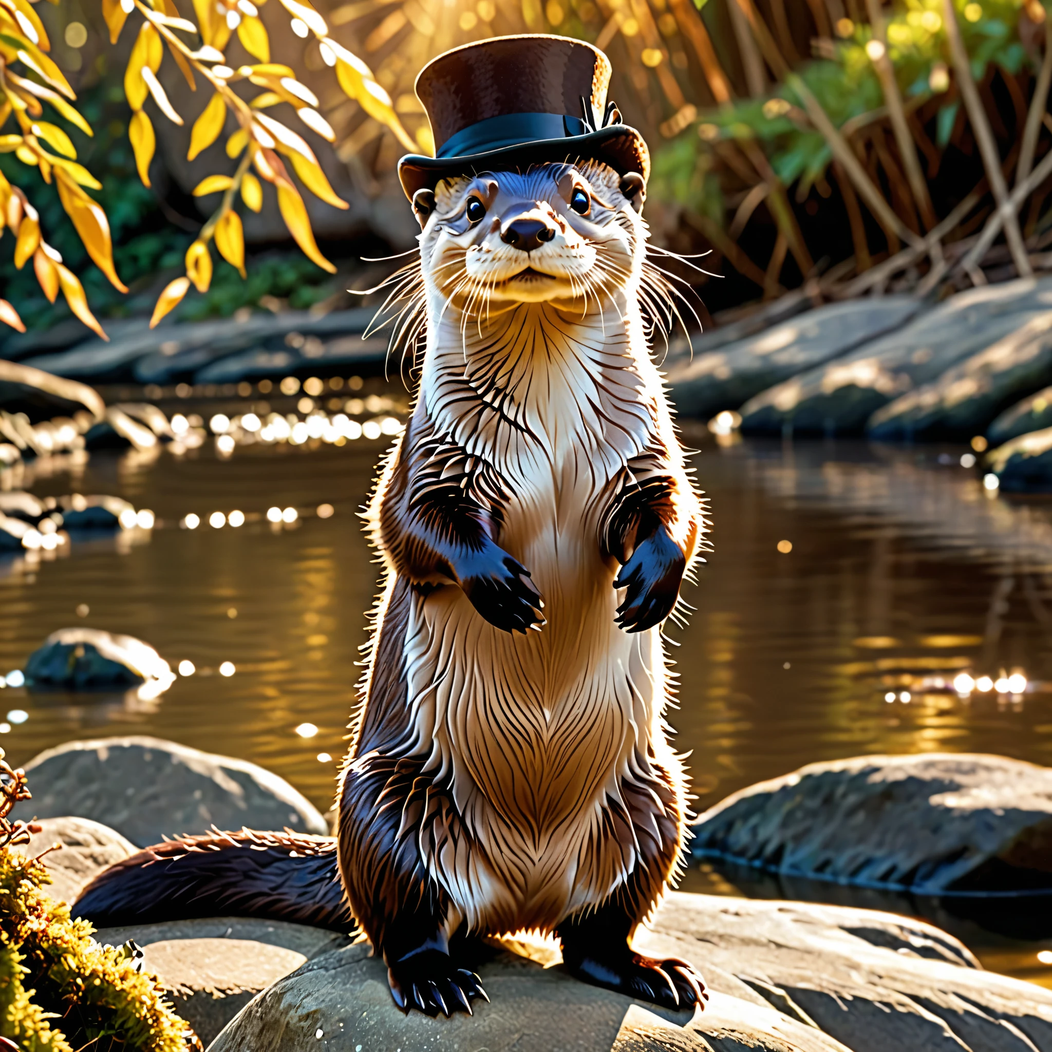 In this photo, an otter named Lili, dressed in a brown dress and wearing a small top hat, stands elegantly sideways on the shimmering riverbank. The raised front paw seems to be bowing, and the sunlight shines on it, creating a warm and gentlemanly atmosphere. Youya, riverbank, shimmering waves, brown fur, top hat, wise eyes, sideways posture, raised front paw, confidence, sunshine, golden halo, warm atmosphere, beautiful life, unique temperament, gentlemanly demeanor,(masterpiece, best quality:1.2), extremly detailed