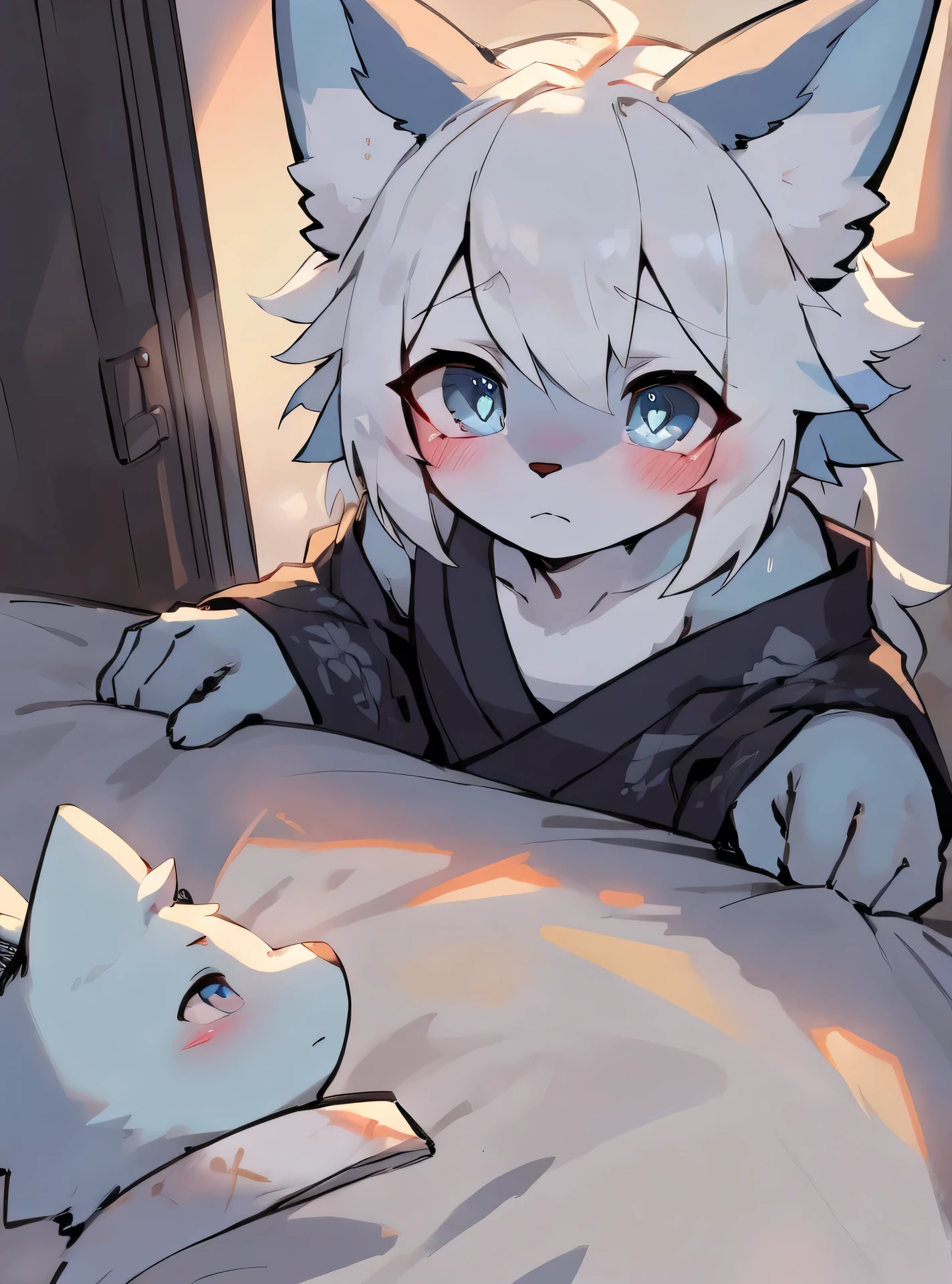 masterpiece, best quality:1.3), high resolution, Wolf,white hair,The fur on the arms and calves is a gradient sky blue,Sky-blue pupils,Sky blue ear hair,Wearing white kimono,Show your shoulders,Lying in bed,Blushing on the face,Blurred eyes,Animals with all-white backgrounds,Long white hair,Lovely,Look squarely at the camera,Bed bang perspective,Slightly scared