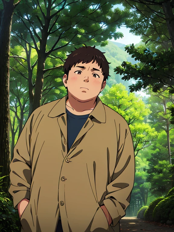((illustration)), (best quality)), ((masterpiece)), (detailed), image cover, hanajima_megumi, 1man, adult, obese, forest background, dark hair, stuffy jacket, daytime, morning, cinematic