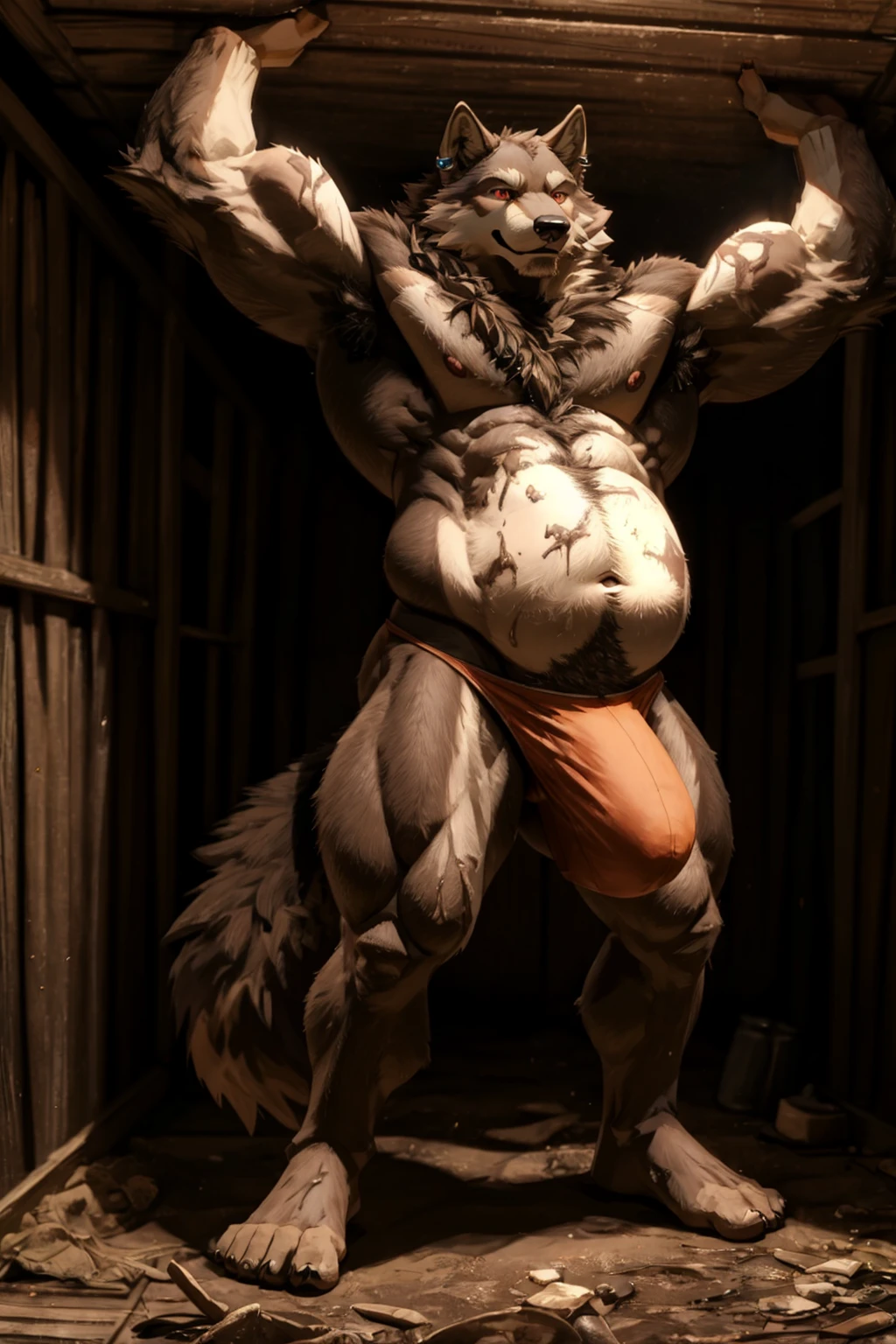 Fluffy brown wolf、Hugely swollen lower abdomen as if pregnant、Abnormally obese belly、Upright pose、Arms out in front pose、muddy room、Sideways pose、Very distressed face、Hairless head、Sharp toenails、Full body wolf fur、Completely naked、非常に巨大に膨らんだ股間のBrown underwear、Abnormally large groin bulge、Brown underwear、Abnormally large muscles、Ruined Background、Slum background、Dilapidated wooden hut、Fluffy, long body hair、Long brown hair all over the body、Ruby-colored eyes、Very long and profuse armpit hair、Very long pubic hair、Navel hair、Wolf&#39;s Tail、A composition that captures the whole body、Thick and long tongue