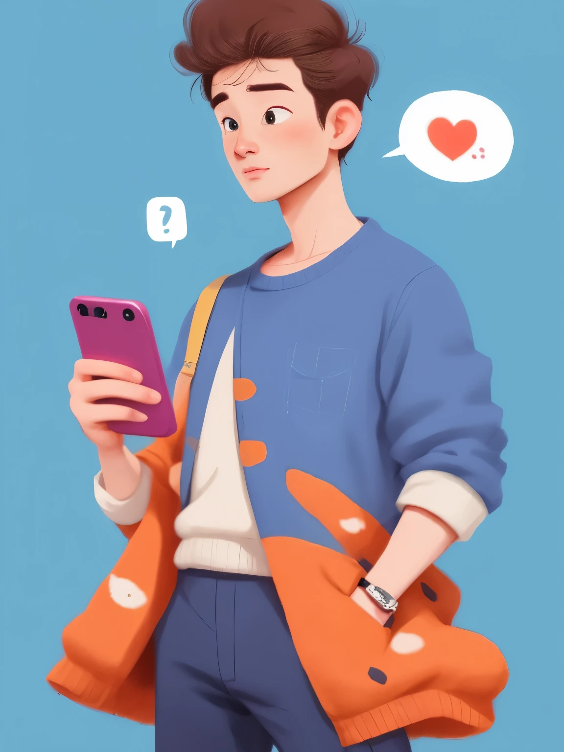 A man、cartoon of man with speech bubble, Holding mobile phone,Send a message，Looking down at the phone，