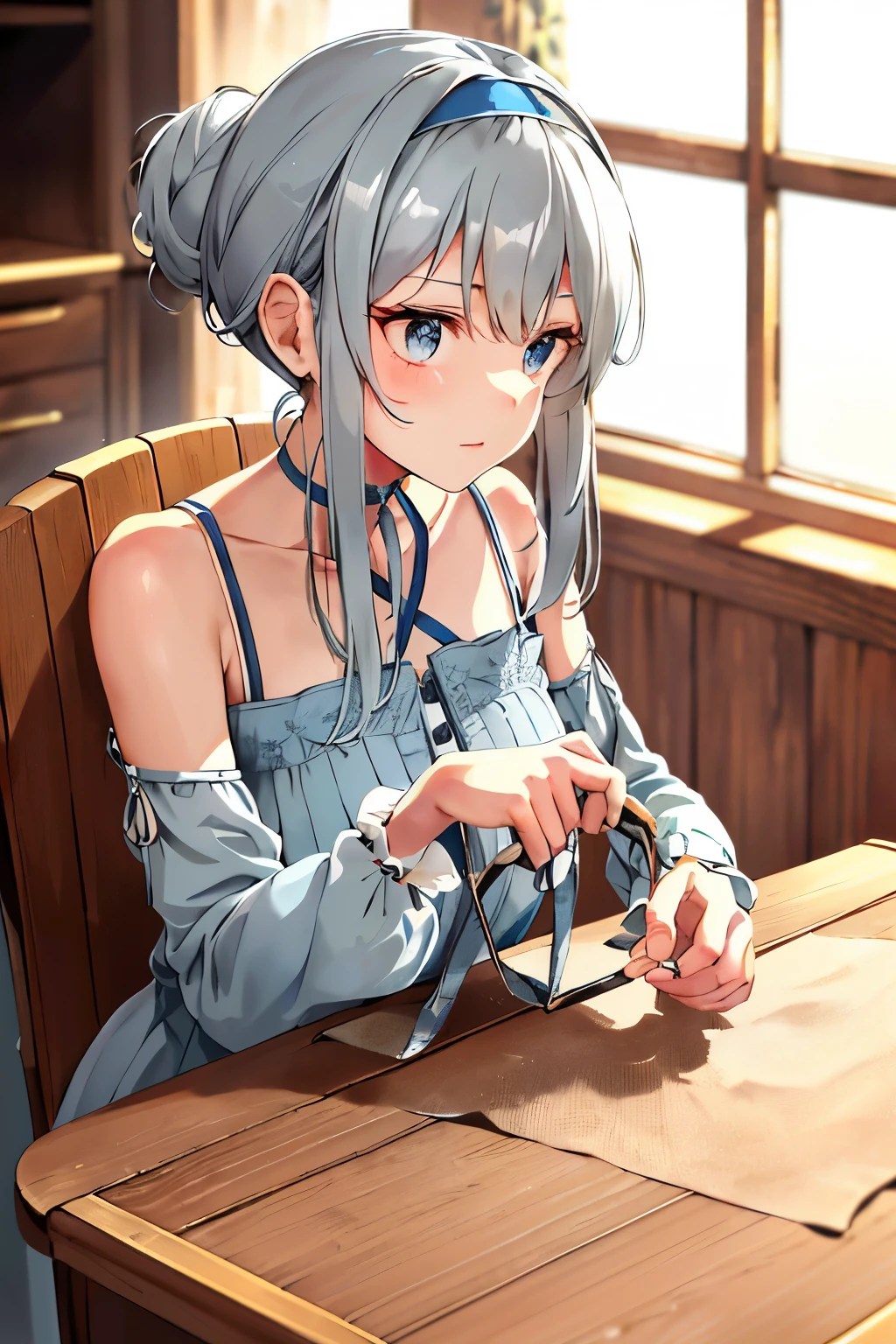 lacus4, (vintage sewing machine, muted colors, wooden base, arm rest, foot pedal - masterpiece, sitting on a chair, leaning hands, slim shoulders, 4K, Best Quality, Retro style: 1.8, thoughtful, Adult Woman, (ultra detailed face), (workshop, natural light), intricate details, high resolution, lacus4), 1girl, Solo, frame, Long hair tied in a bun, (Detailed woven hairband, Detailed gray-blue hair, shiny strands, dainty arms), focused eyes on the sewing machine, delicate fingers working the fabric, (bare shoulders, loose blouse