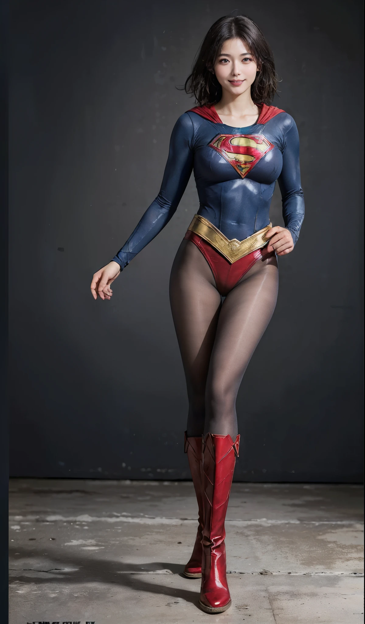No background、(((Beautiful legs in black tights.)))、(((Legally express the beauty of your smile)))、((((Make the most of your original images)))、(((Supergirl Costume)))、(((ボディにフィットしたSupergirl Costume)))、(((Short beautiful hair)))、(((Smiles and winks)))、(((Please wear black tights....、Wear red boots)))、((Best image quality、8k))、((highest quality、8k、masterpiece:1.3))、(((Preserve background )))、Sharp focus:1.2、Beautiful woman with perfect figure:1.4、Slim Abs:1.2、Wet body:1.5、Highly detailed face and skin texture、8k